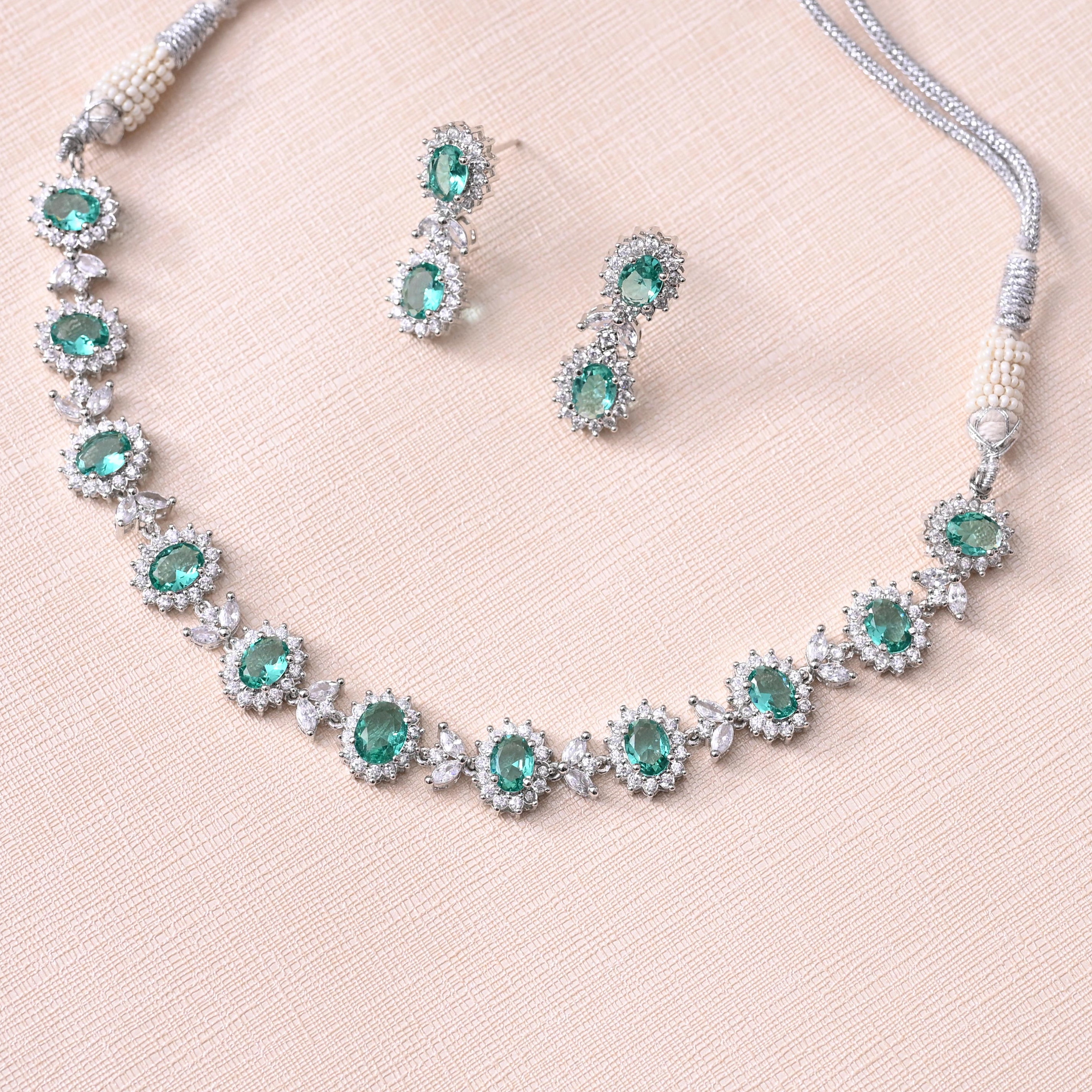 SJN1063- Light Blue Colour Silver Plated Faux Diamond Choker with Earrings