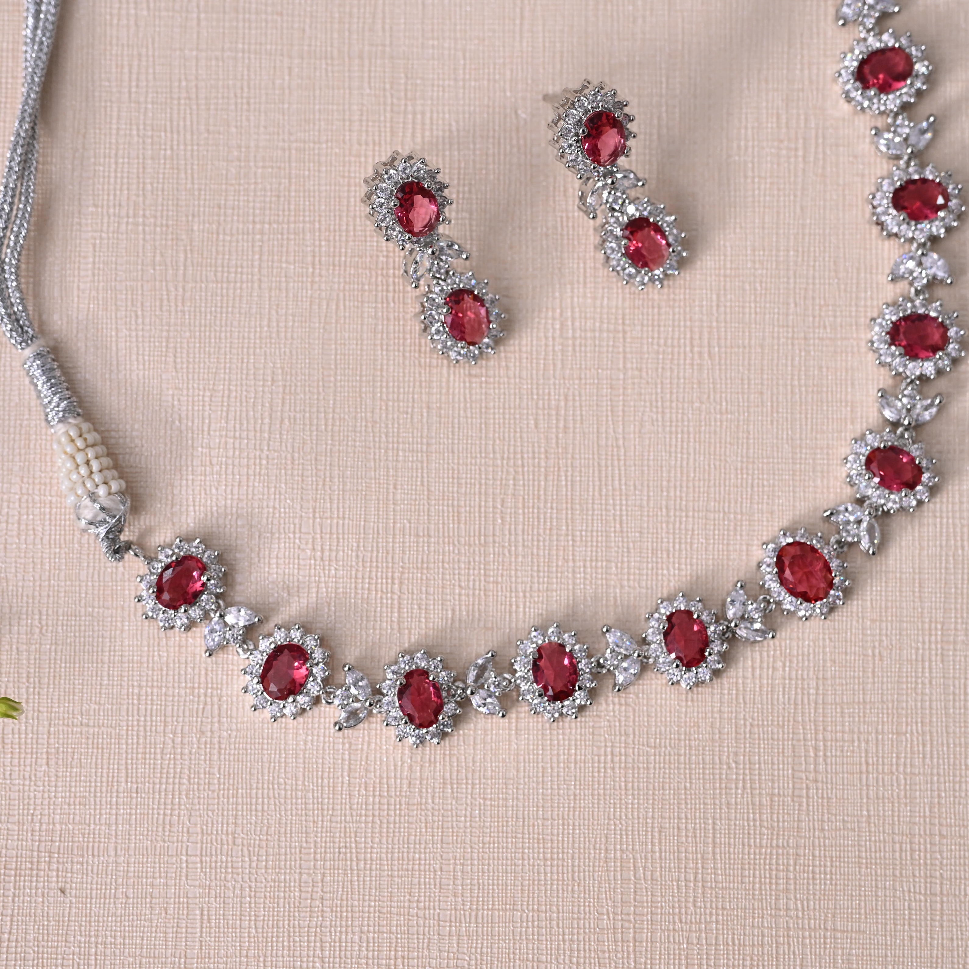 SJN1063- Ruby Colour Silver Plated Faux Diamond Choker with Earrings
