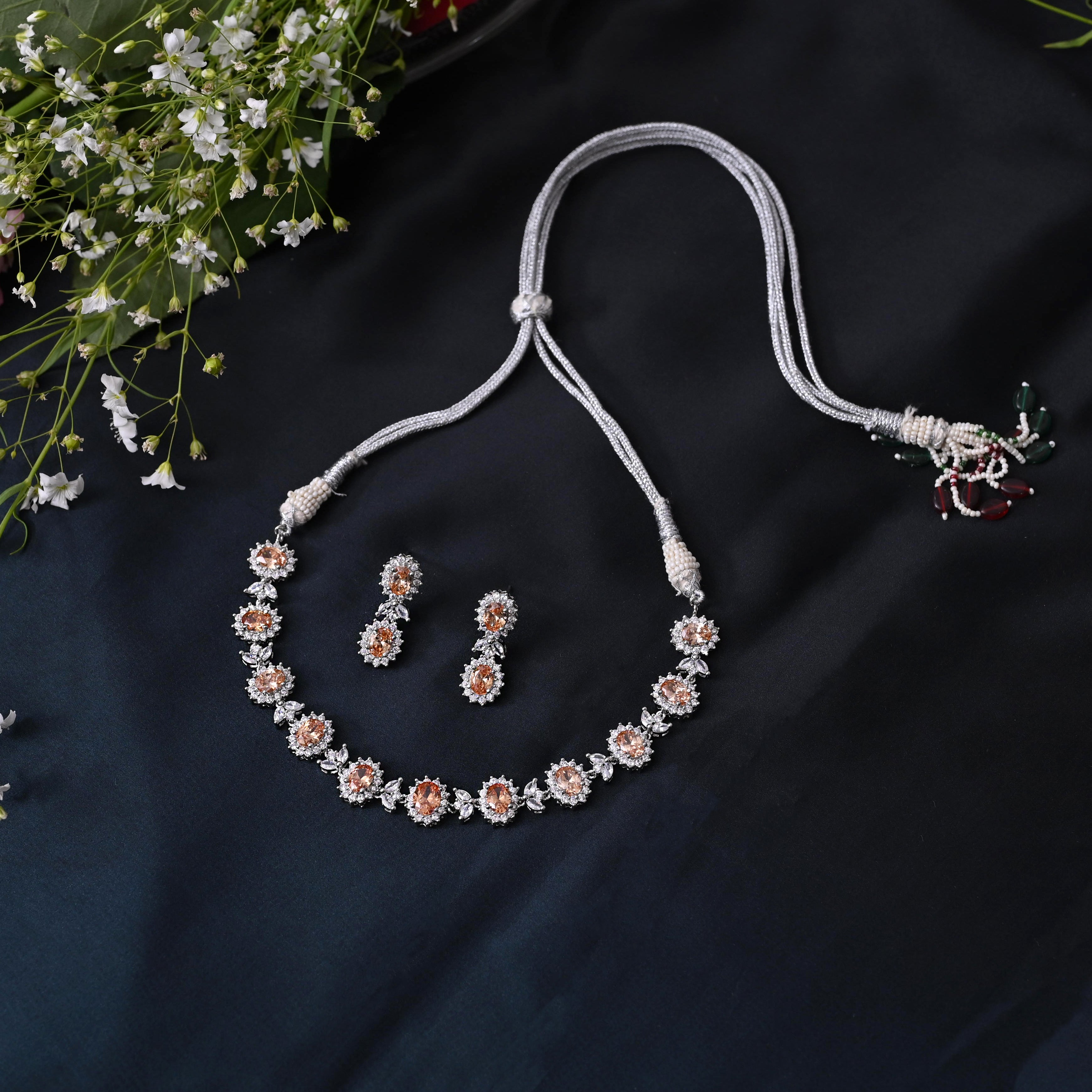 SJN1063- Peach Colour Silver Plated Faux Diamond Choker with Earrings