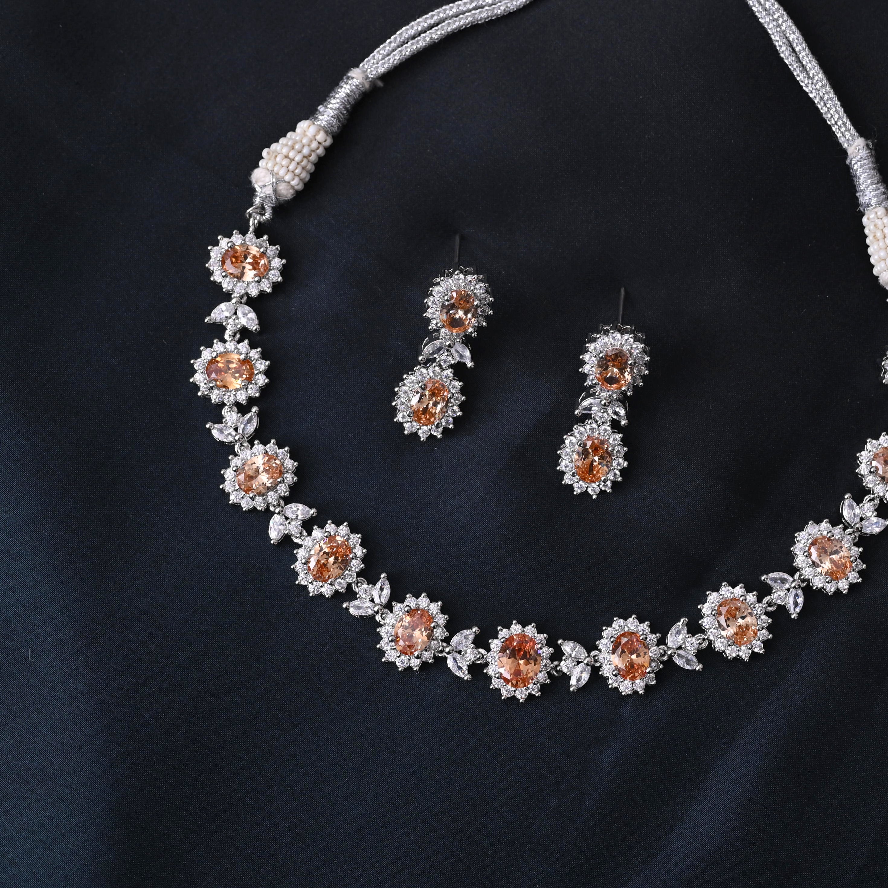 SJN1063- Peach Colour Silver Plated Faux Diamond Choker with Earrings