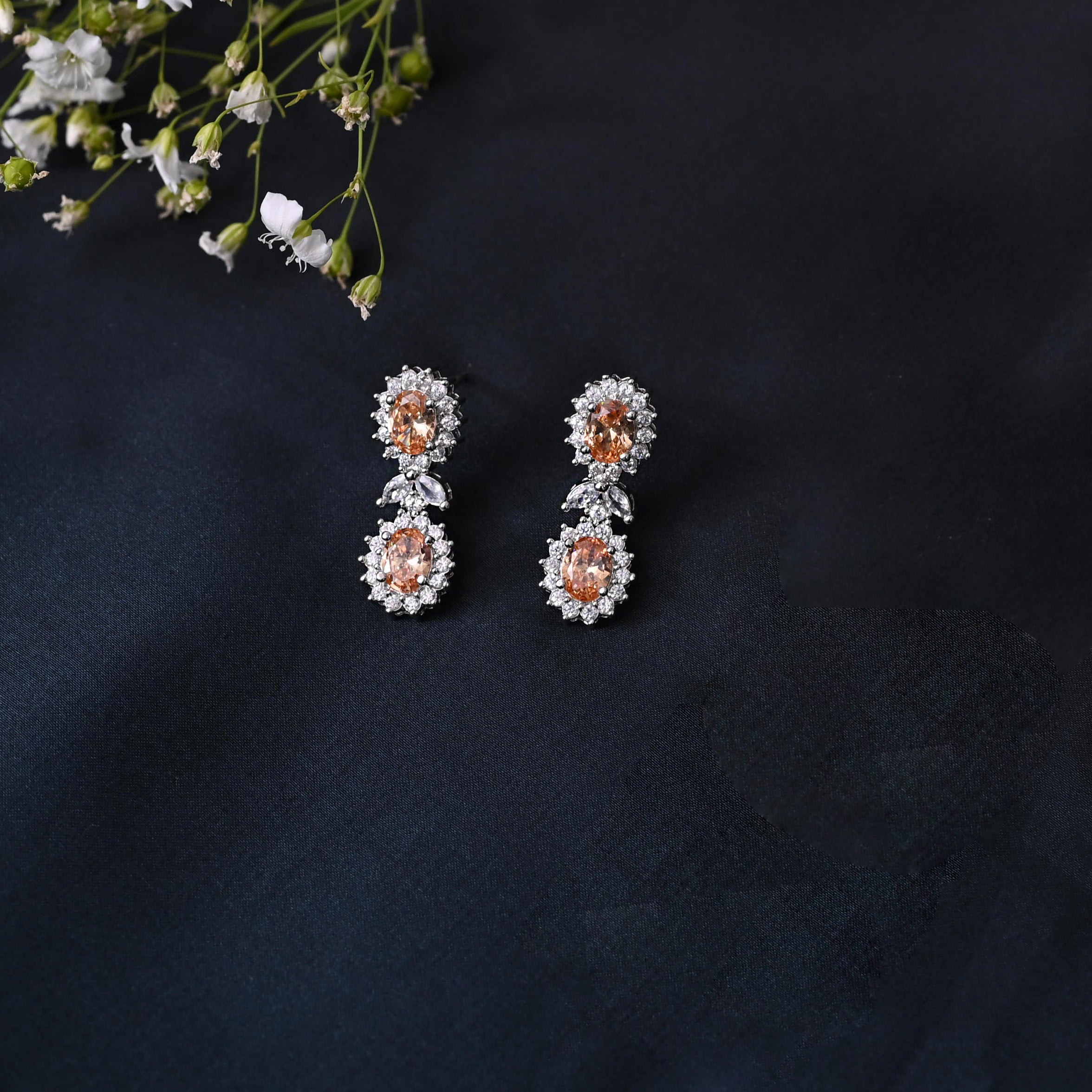 SJN1063- Peach Colour Silver Plated Faux Diamond Choker with Earrings