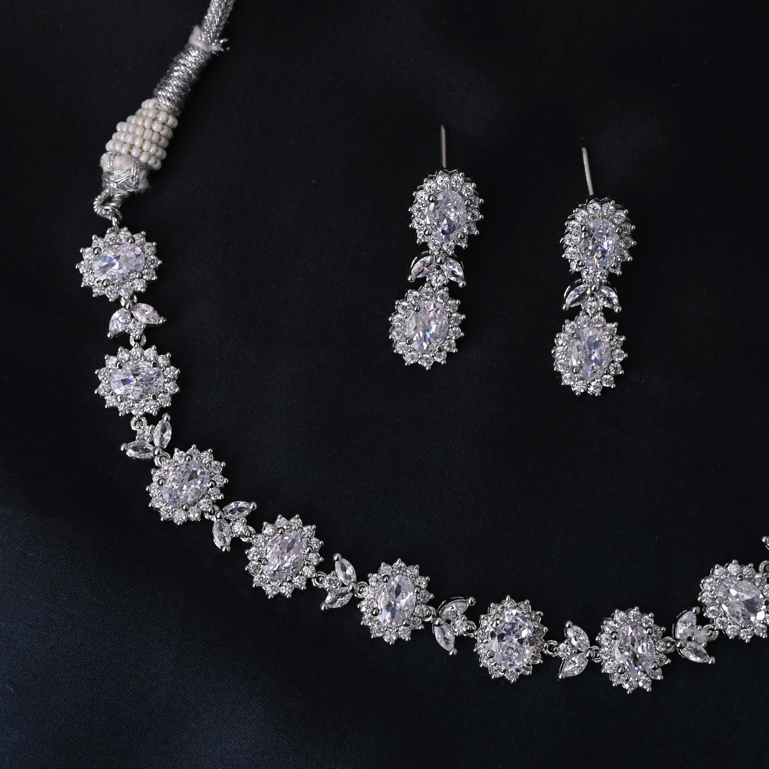 SJN1063- White Colour Silver Plated Faux Diamond Choker with Earrings