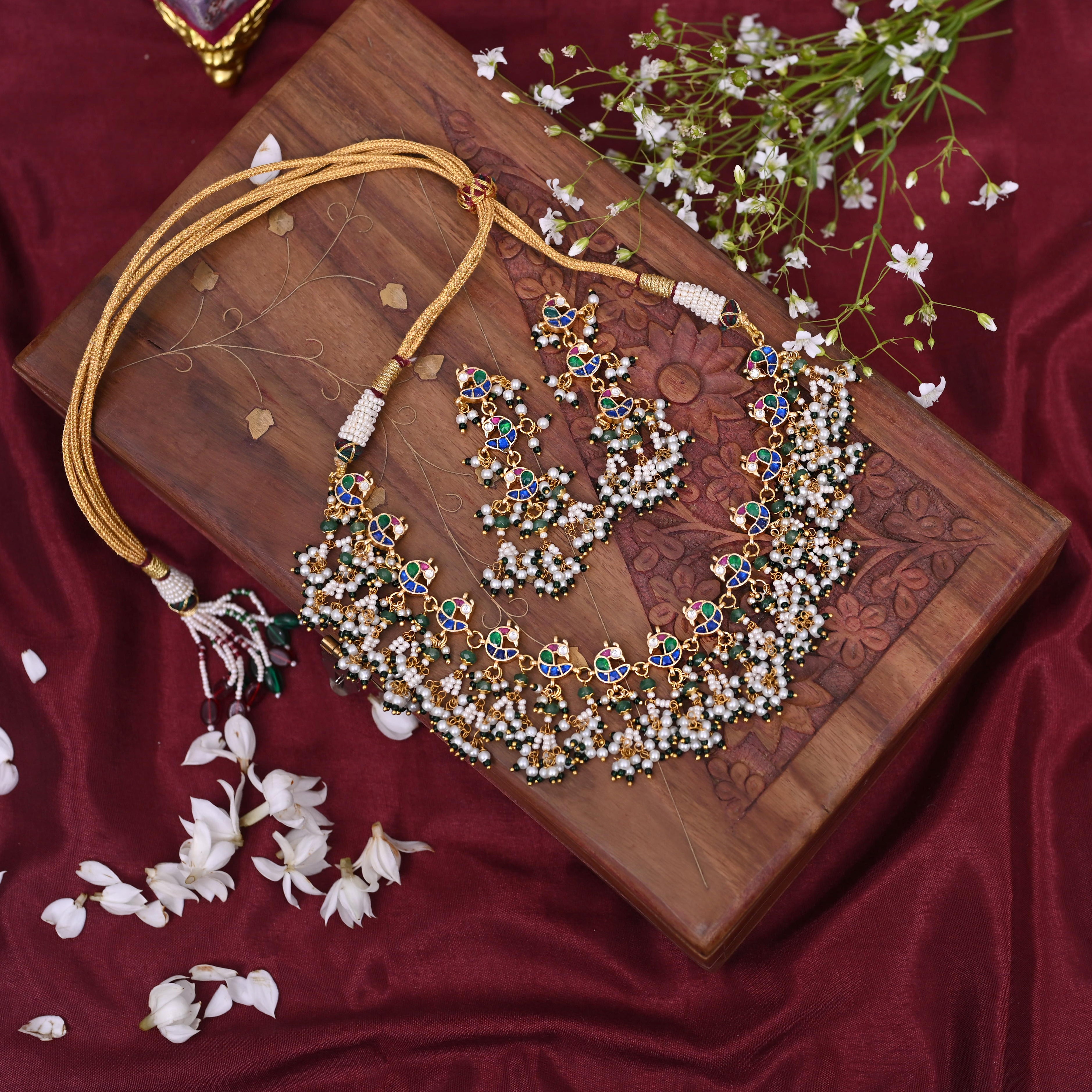 SJN1232- Multi Colour Gold Plated Jadau Kundan Peacock Choker with Earrings