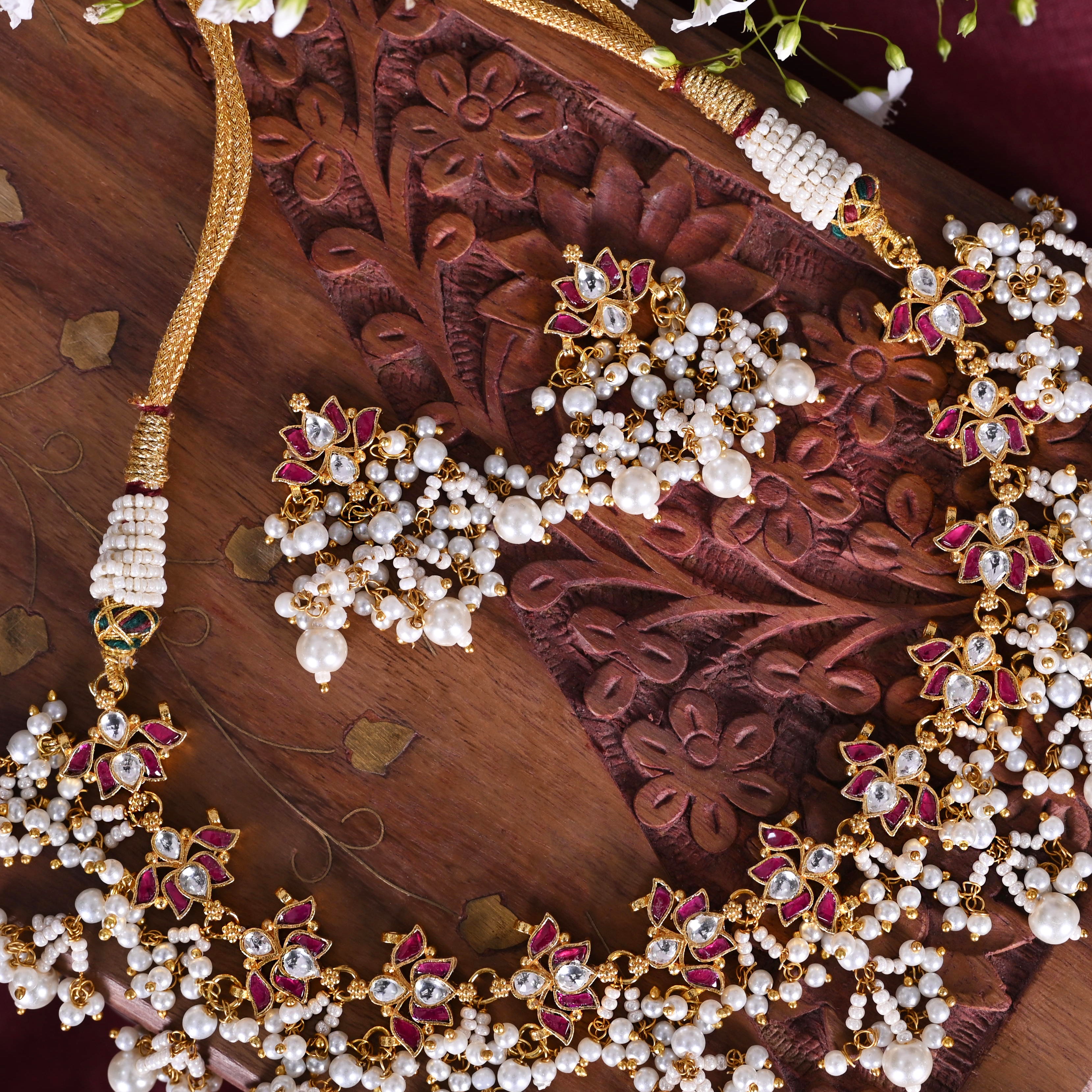 SJN1233- Pink and White Colour Gold Plated Jadau Kundan Lotus Choker with Earrings