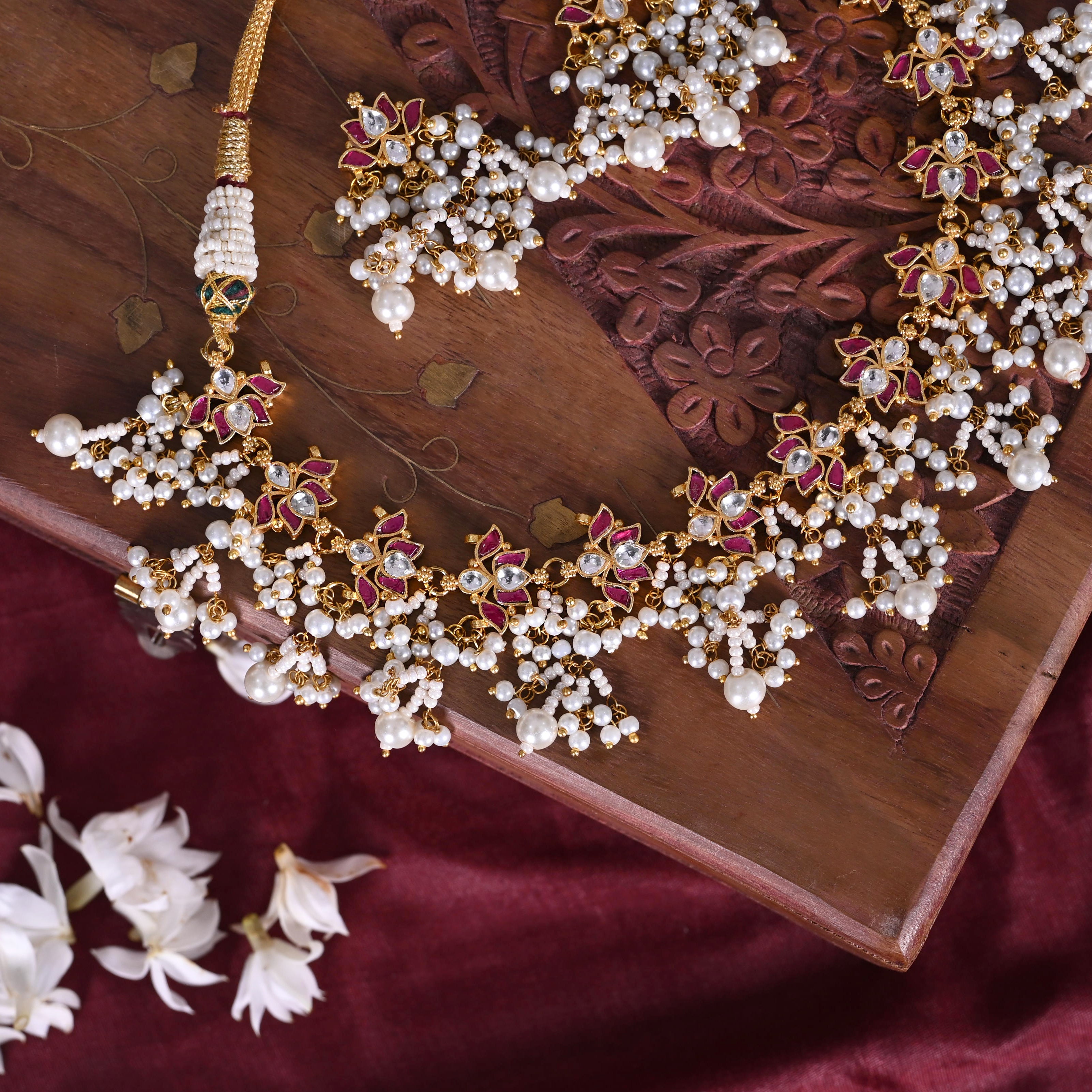 SJN1233- Pink and White Colour Gold Plated Jadau Kundan Lotus Choker with Earrings