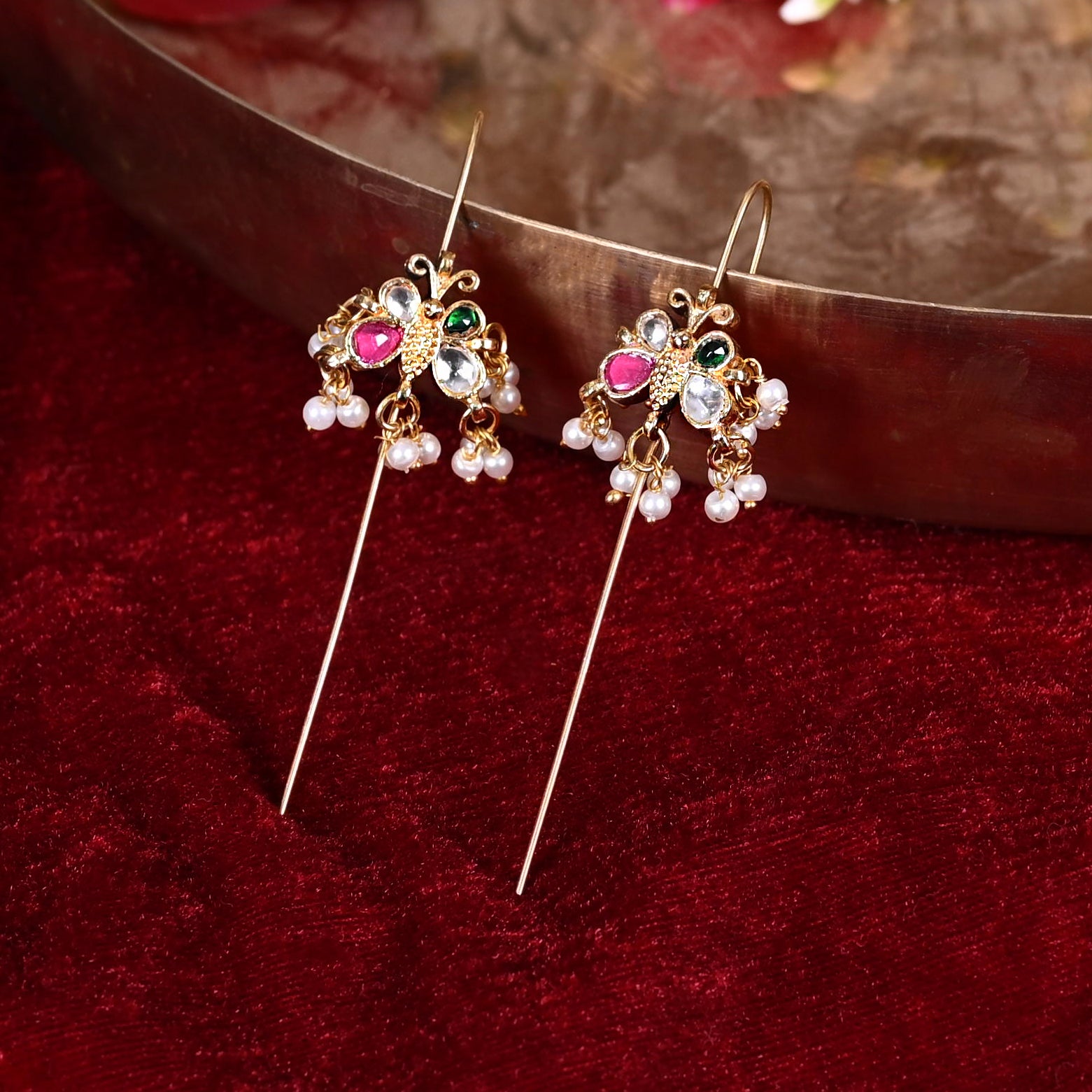SJE1106- Multi Colour Gold Plated Jadau Kundan Butterfly Ear Cuffs