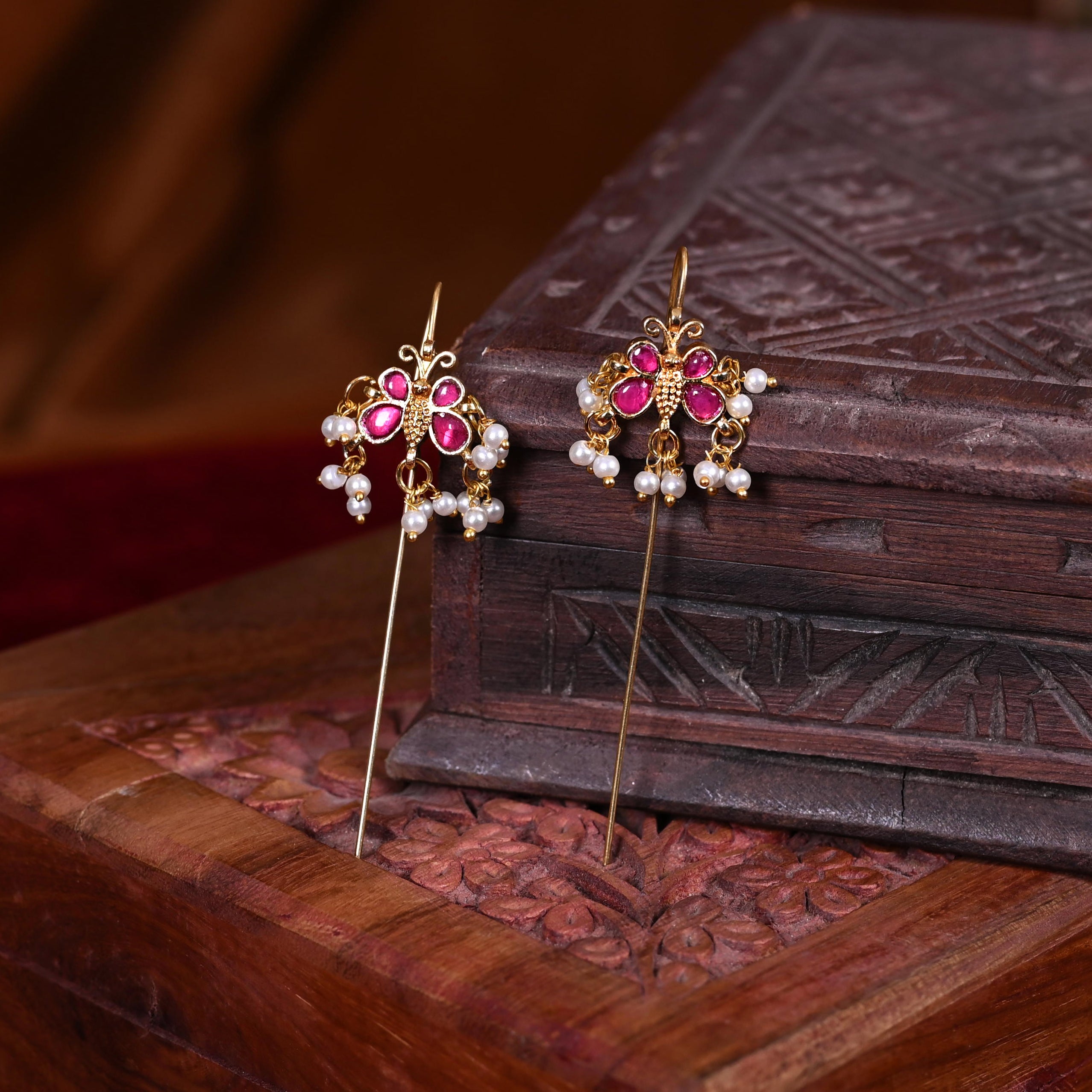SJE1106- Multi Colour Gold Plated Jadau Kundan Butterfly Ear Cuffs