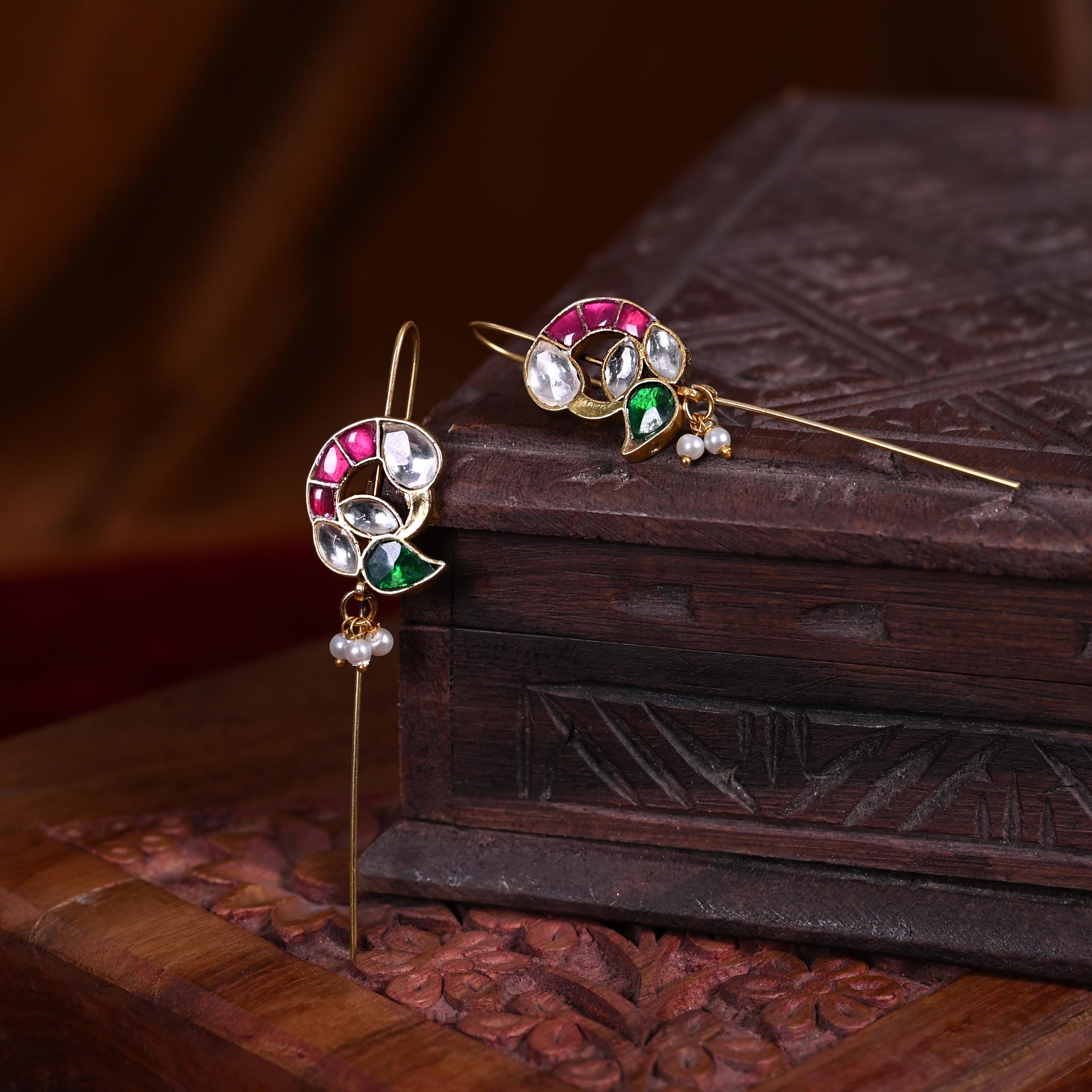 SJE1107- Multi Colour Gold Plated Jadau Kundan Peacock Ear Cuffs