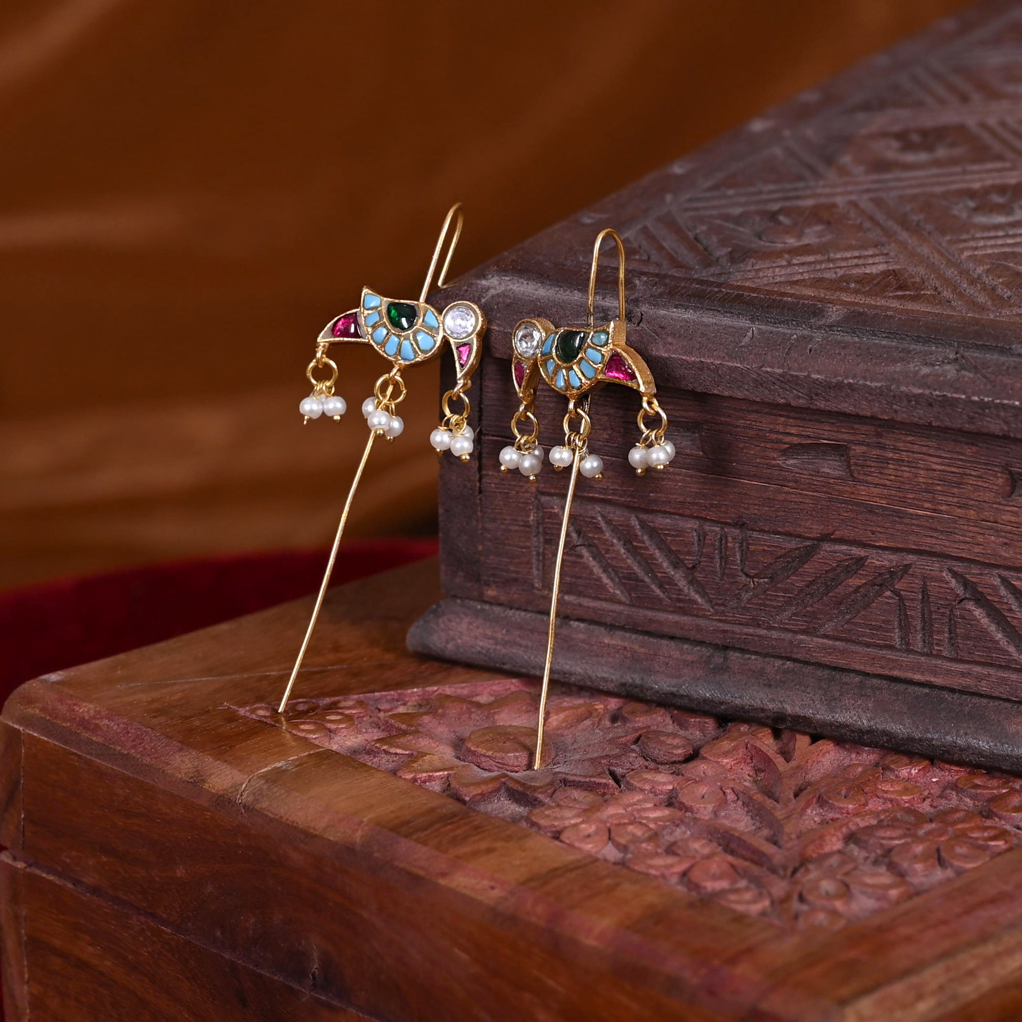 SJE1111- Multi Colour Gold Plated Jadau Kundan Bird Ear Cuffs