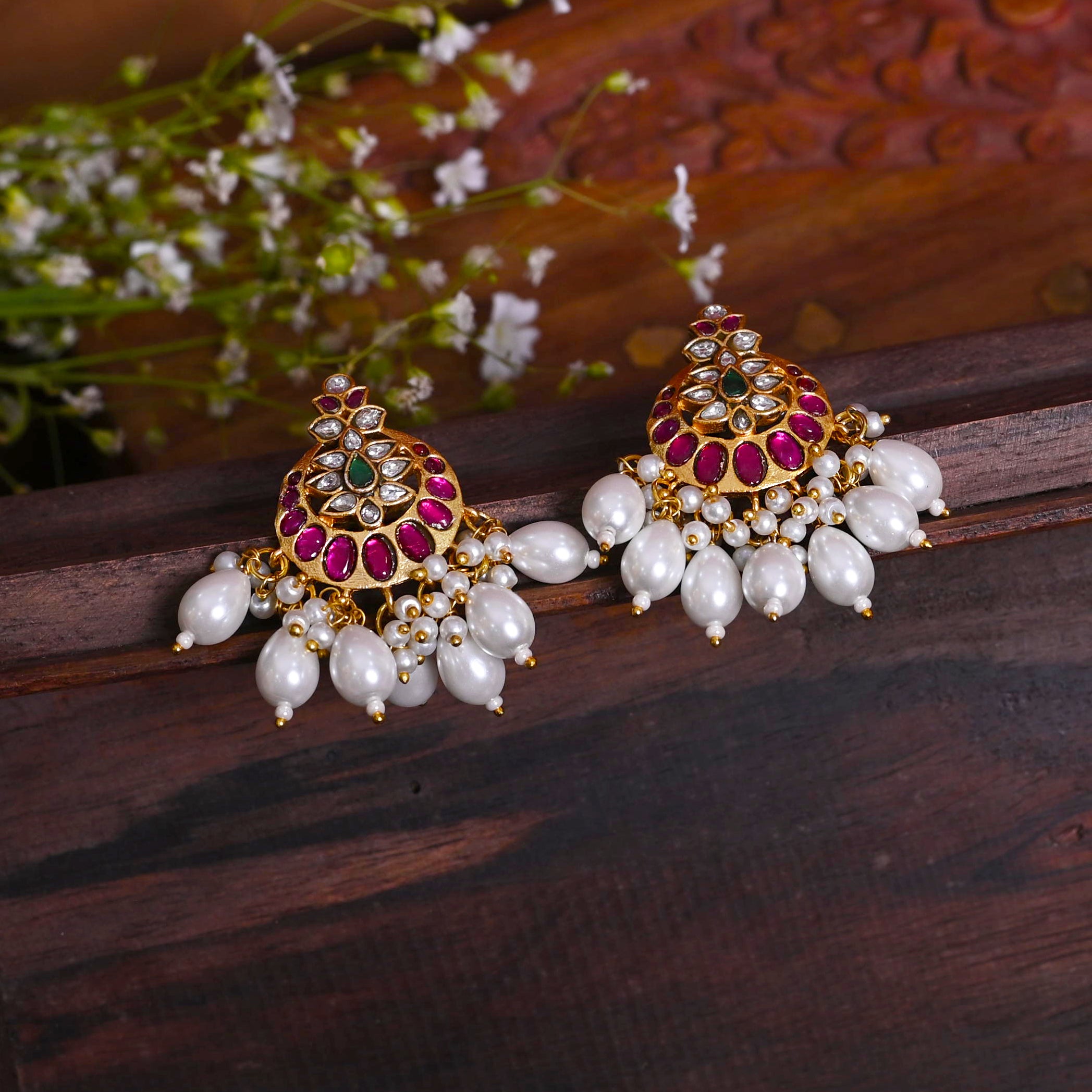 SJE1119- Multi Colour Gold Plated Jadau Kundan Temple Studs Earrings