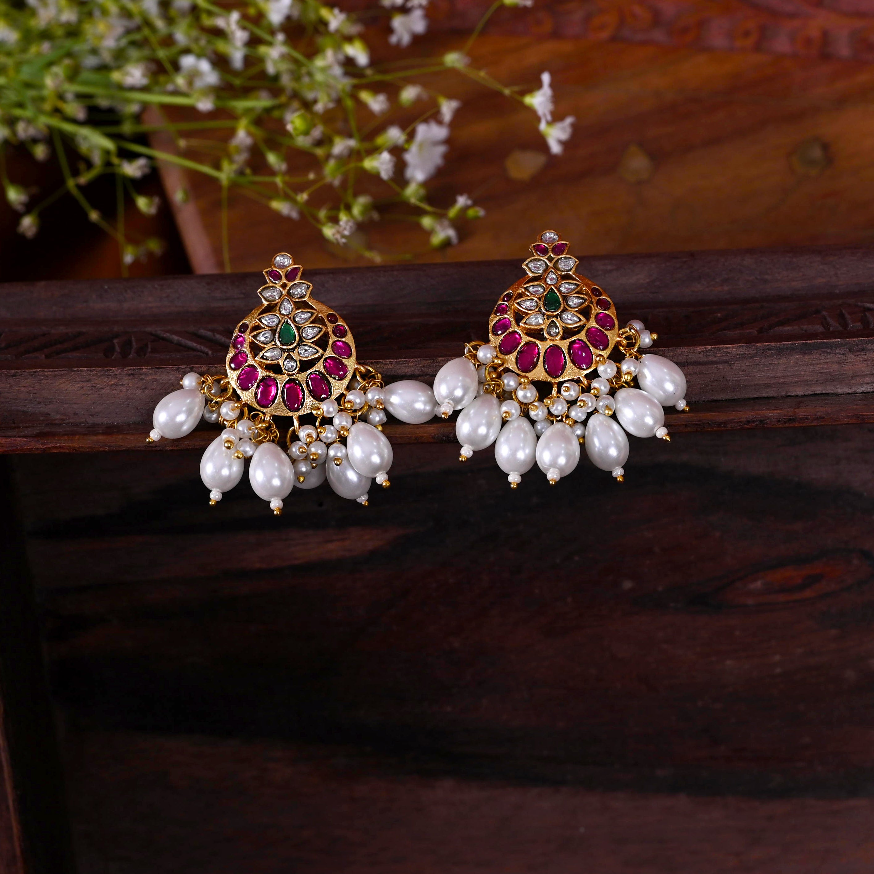 SJE1119- Multi Colour Gold Plated Jadau Kundan Temple Studs Earrings