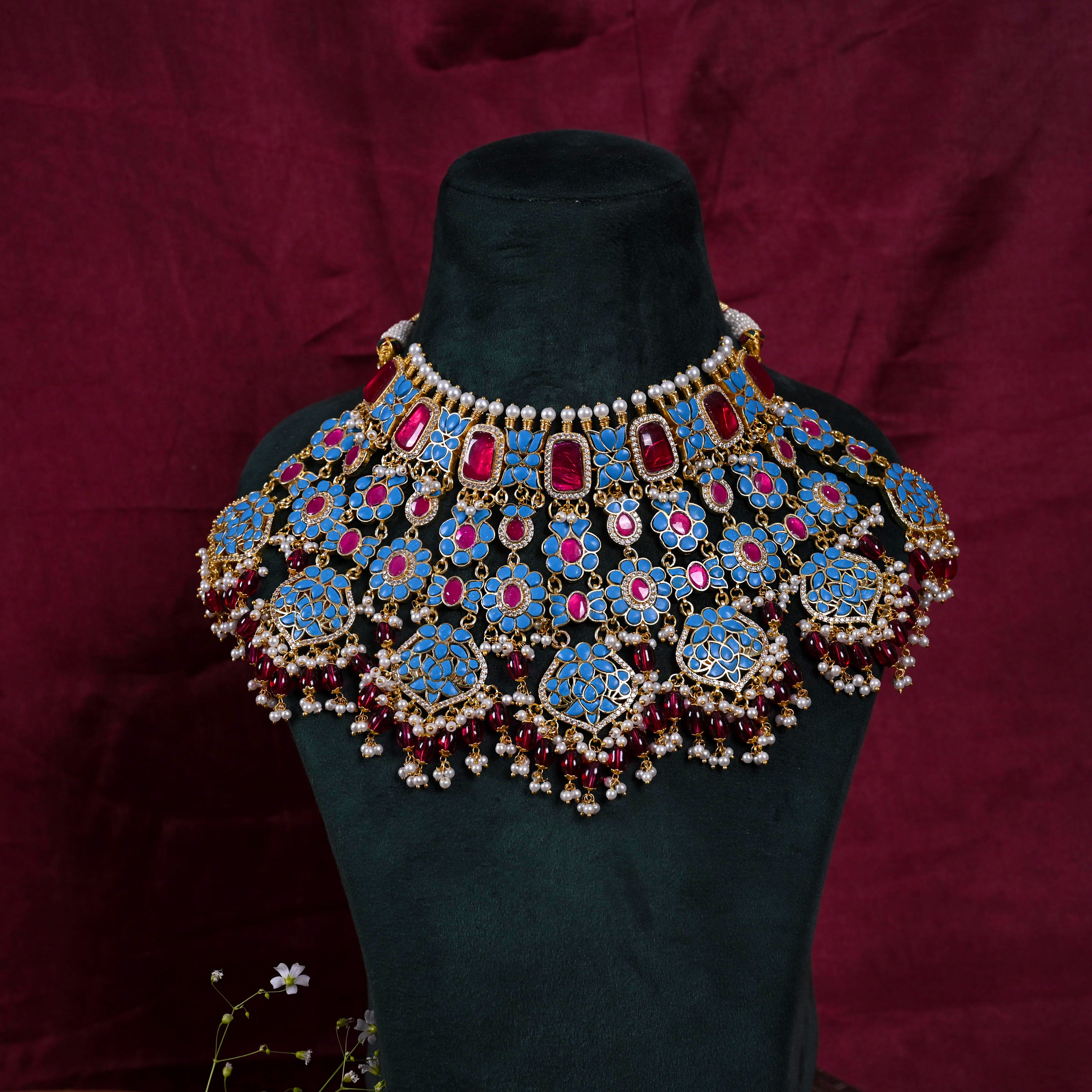 SJN1136- Firoza and red Colour Gold Plated Jadau Kundan Necklace with Earrings