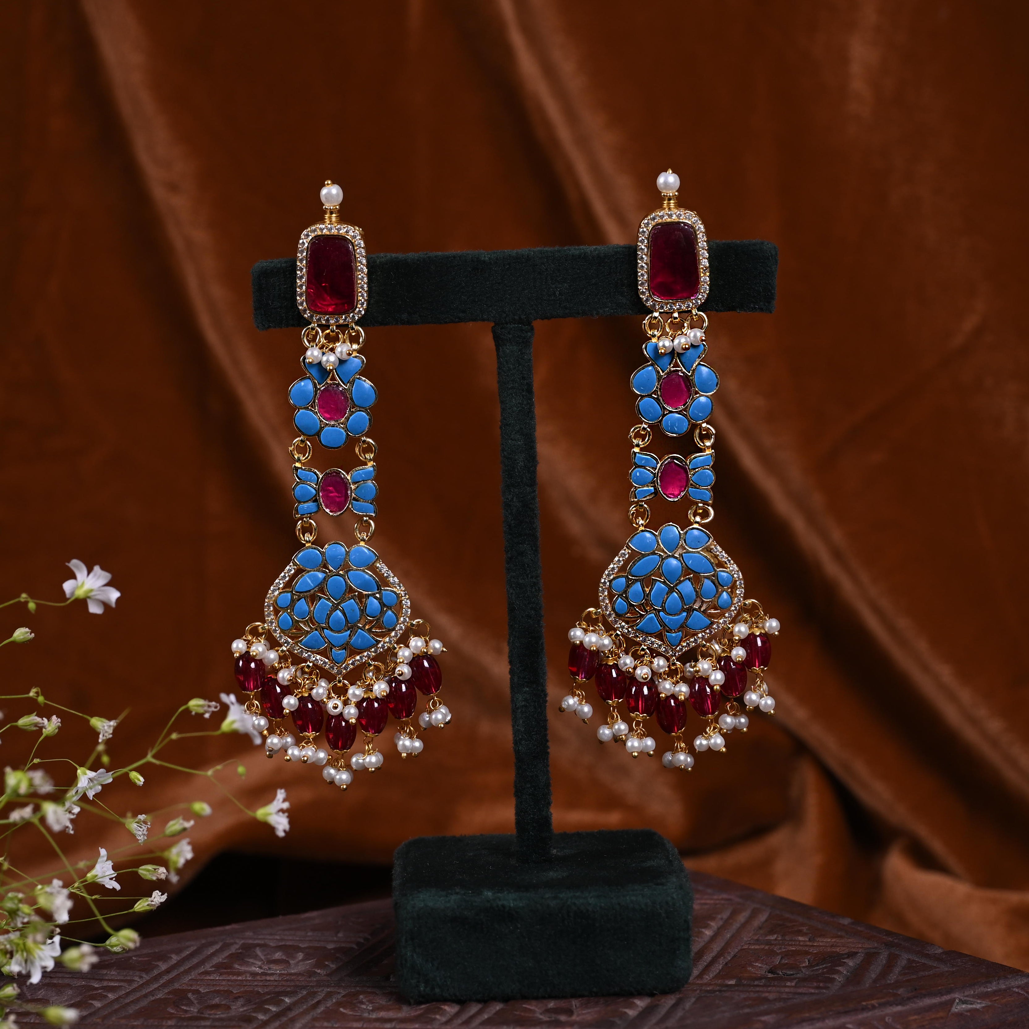 SJN1136- Firoza and red Colour Gold Plated Jadau Kundan Necklace with Earrings