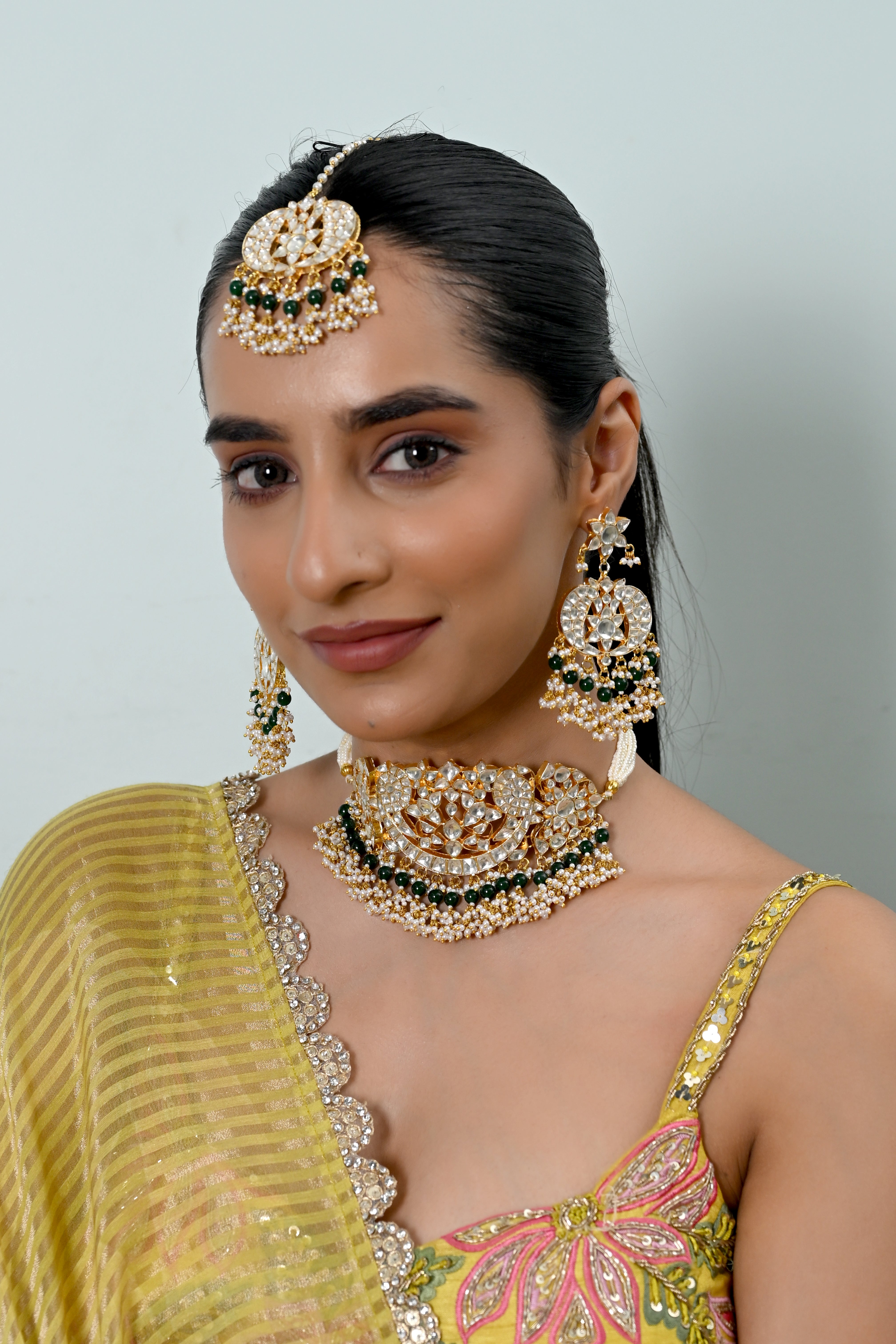 SJN1238- Green And White Colour Gold Plated Jadau Kundan Choker with Earrings