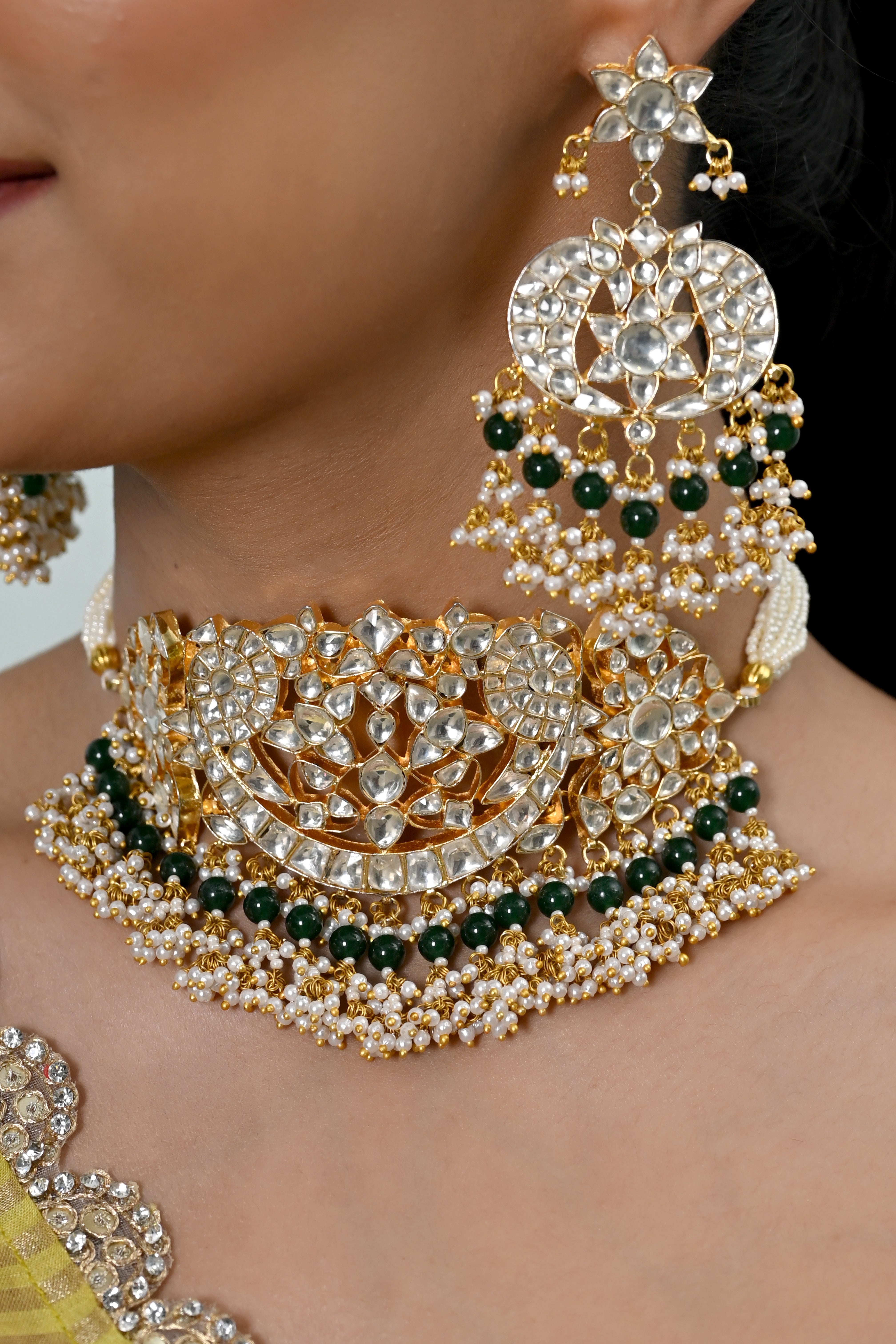 SJN1238- Green And White Colour Gold Plated Jadau Kundan Choker with Earrings
