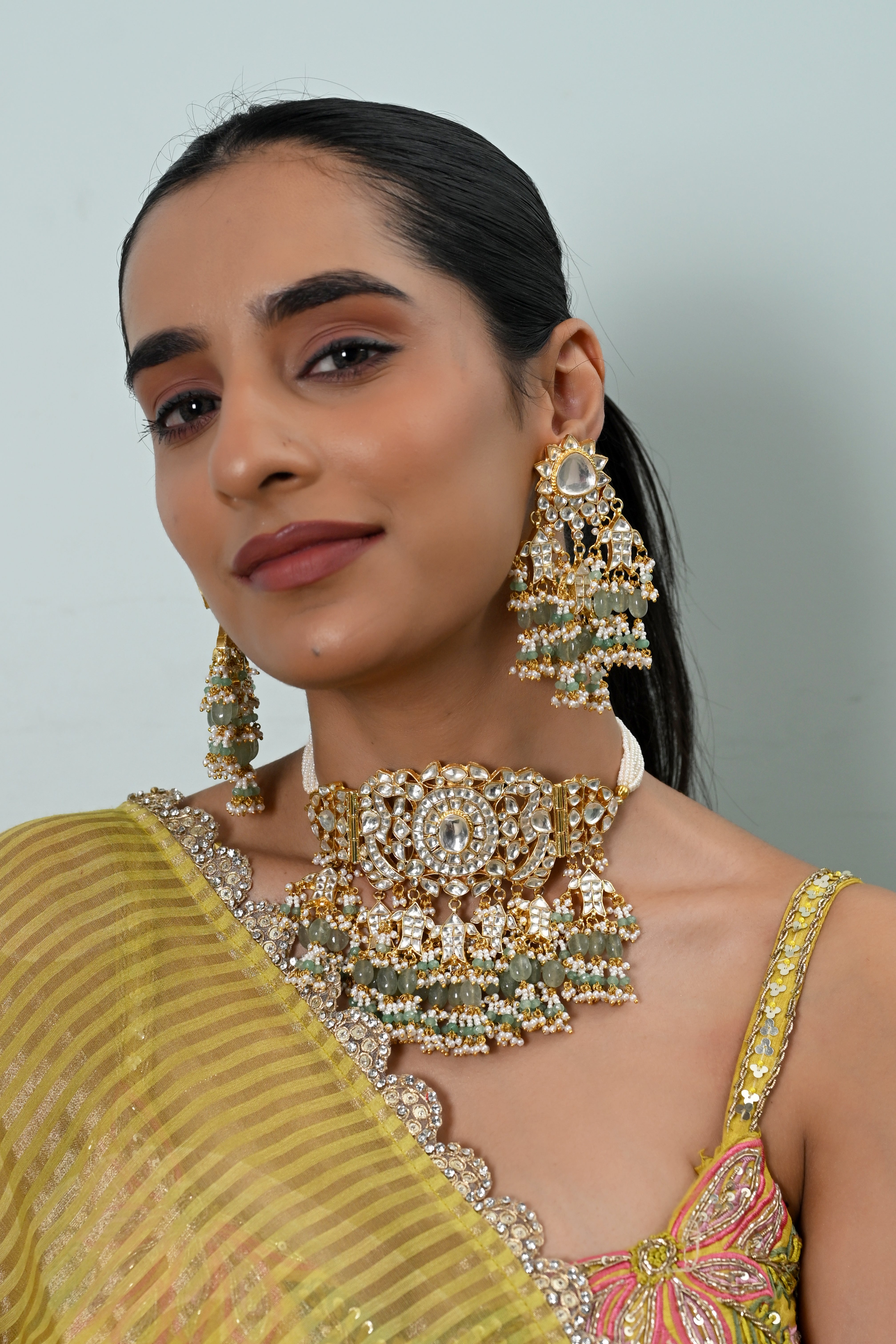 SJN1255- White Colour Gold Plated Jadau Kundan Necklace With Earrings
