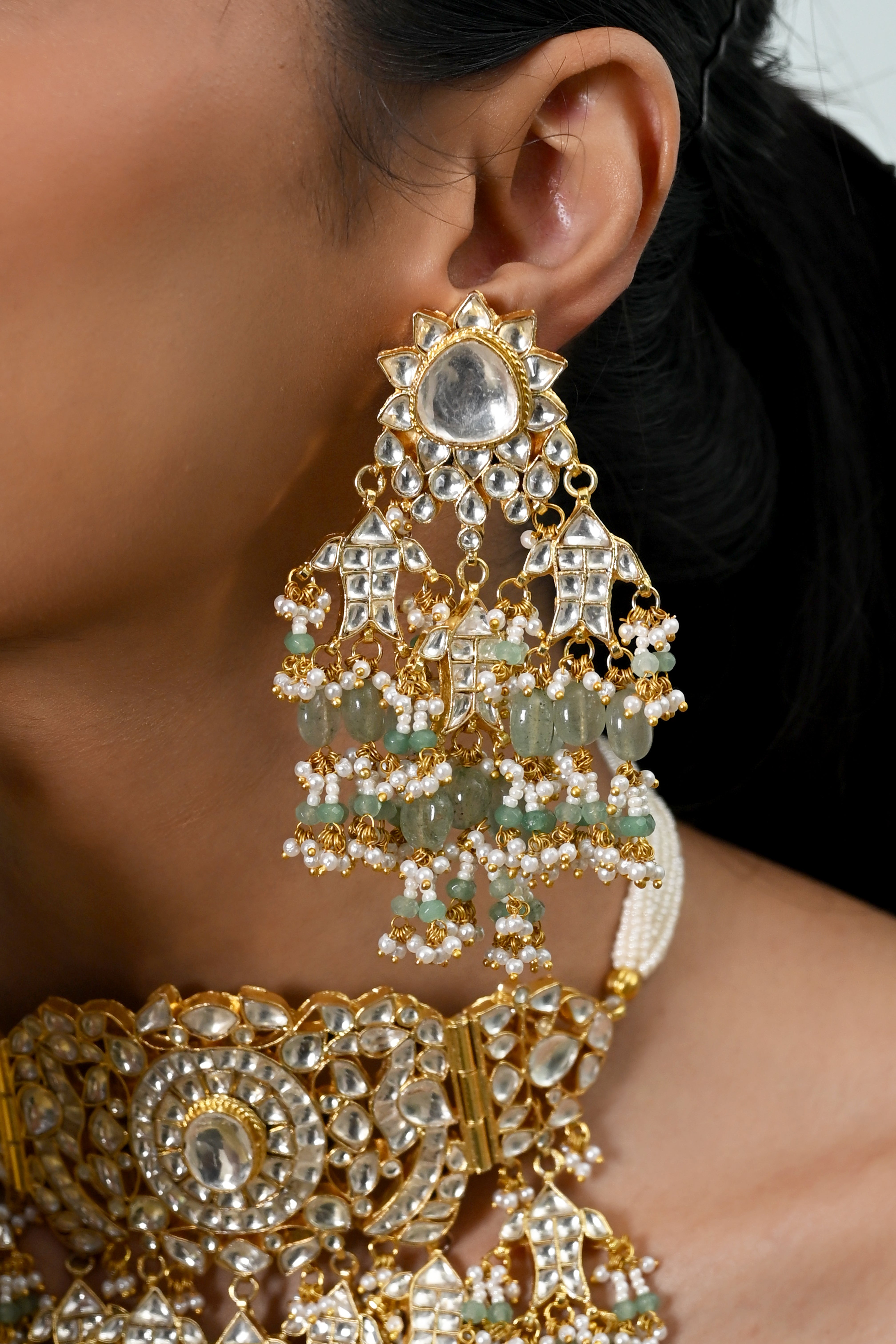 SJN1255- White Colour Gold Plated Jadau Kundan Necklace With Earrings