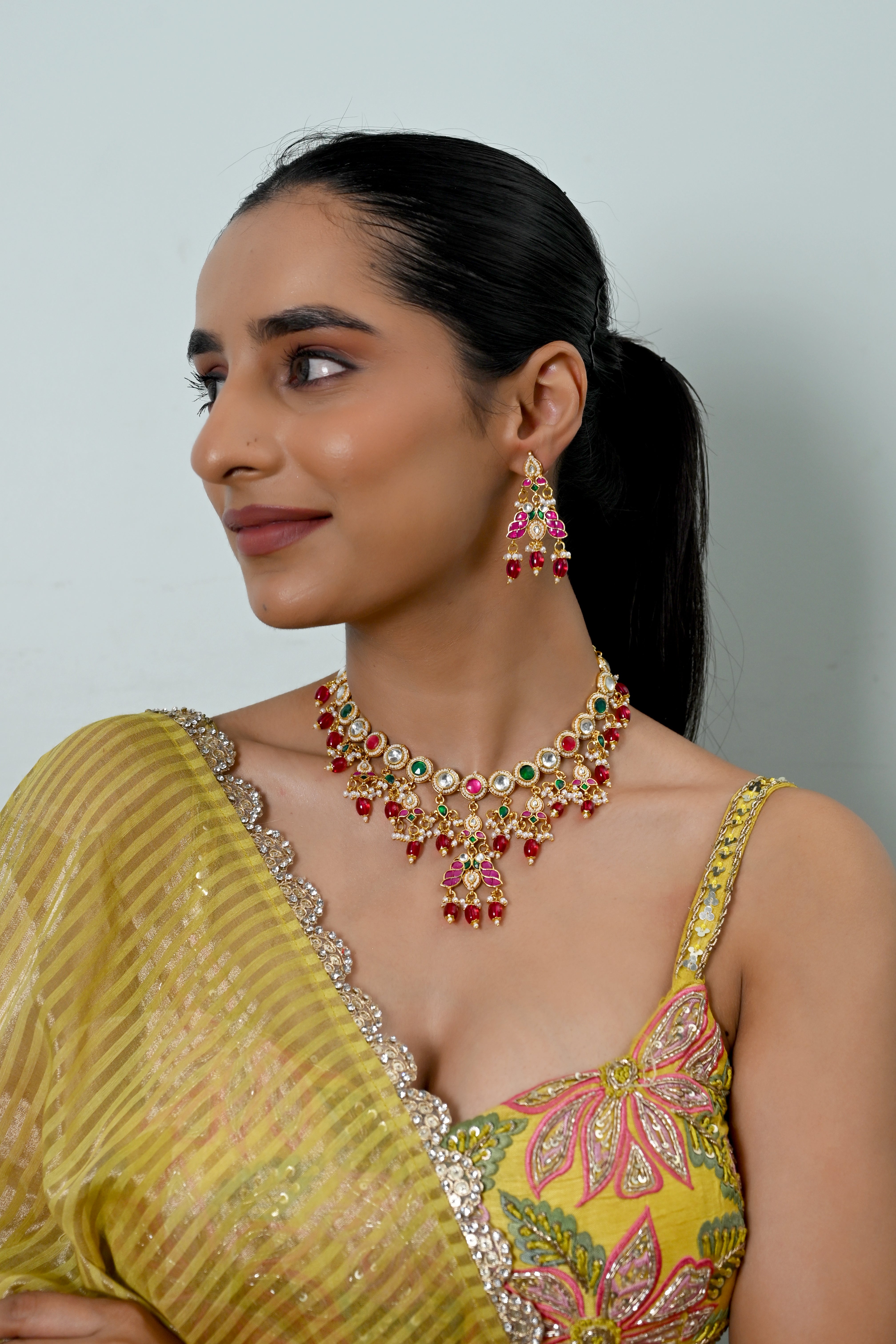 SJN1240- Multi Colour Gold Plated Jadau Kundan Necklace with Earrings