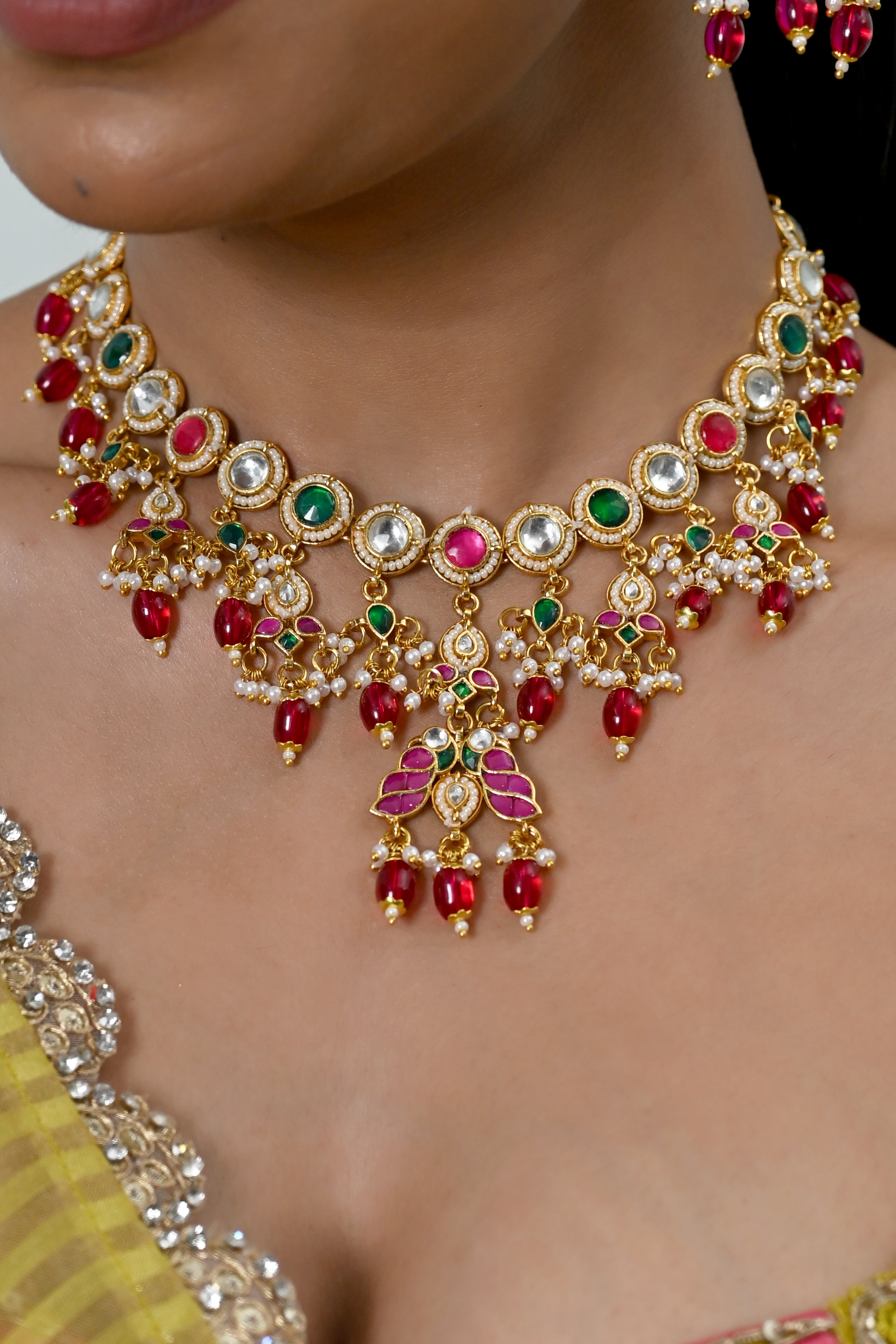 SJN1240- Multi Colour Gold Plated Jadau Kundan Necklace with Earrings