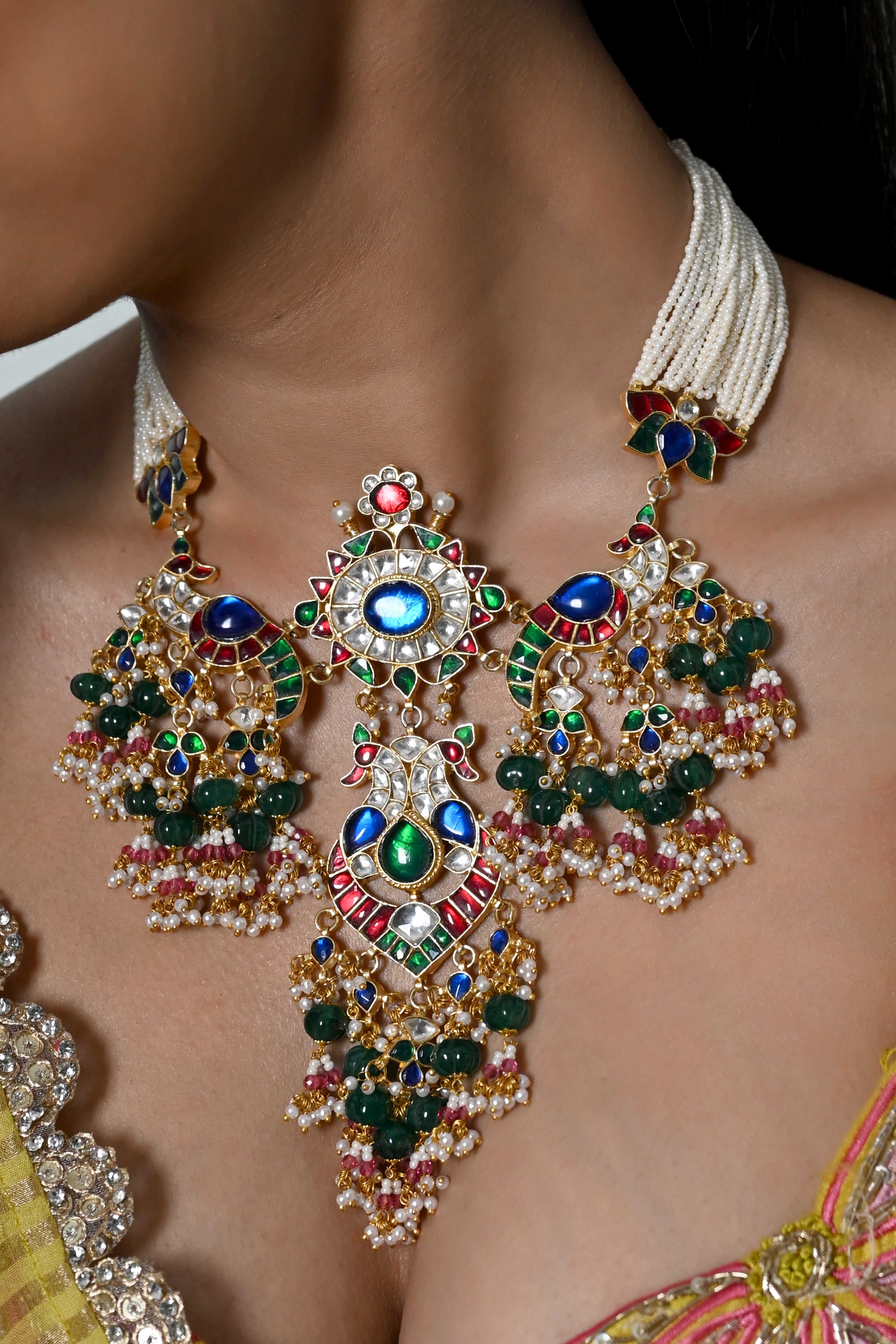 SJN1241- Multi Colour Gold Plated Jadau Kundan Choker with Earrings