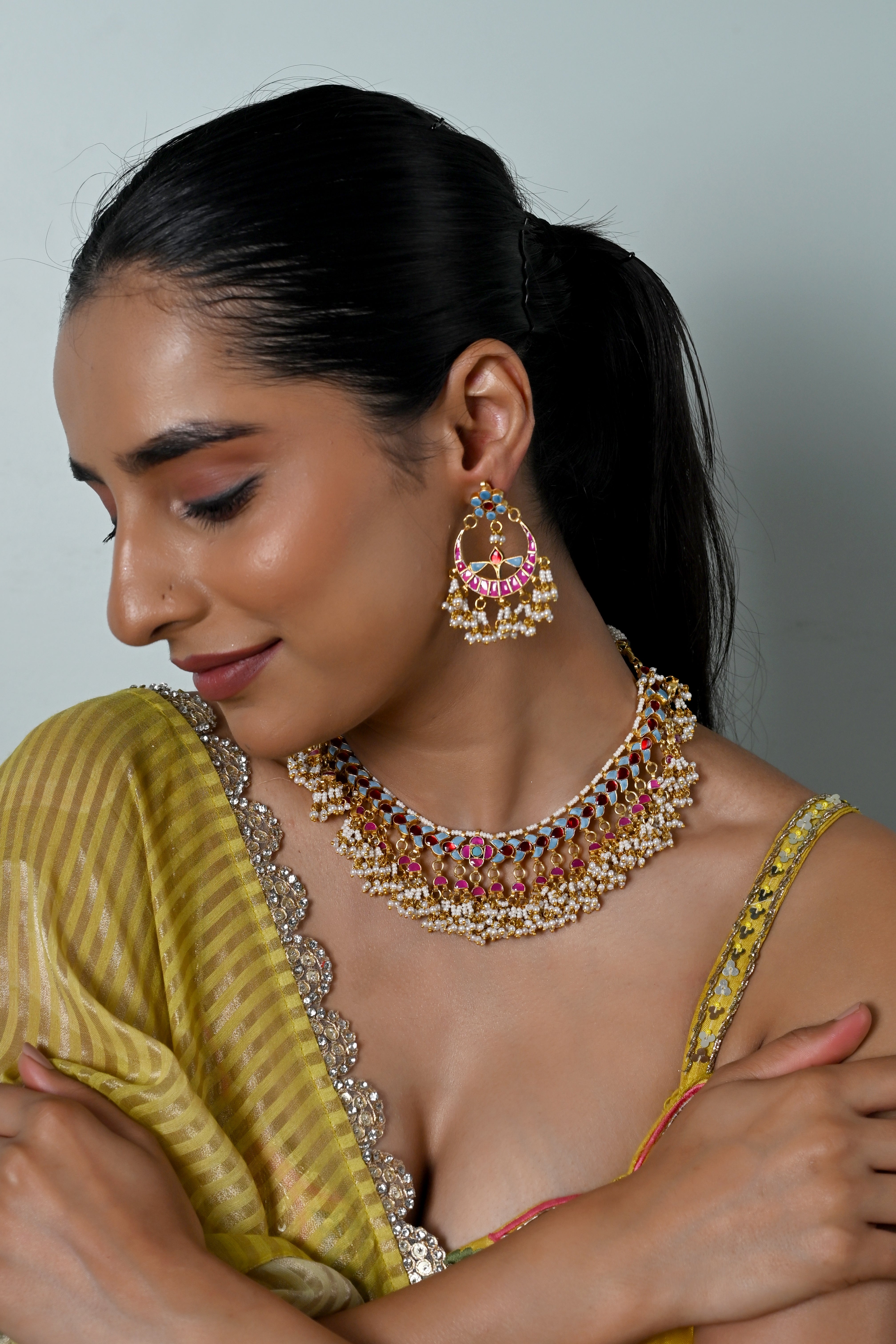 SJN1244- Multi Colour Gold Plated Jadau Kundan Necklace with Earrings