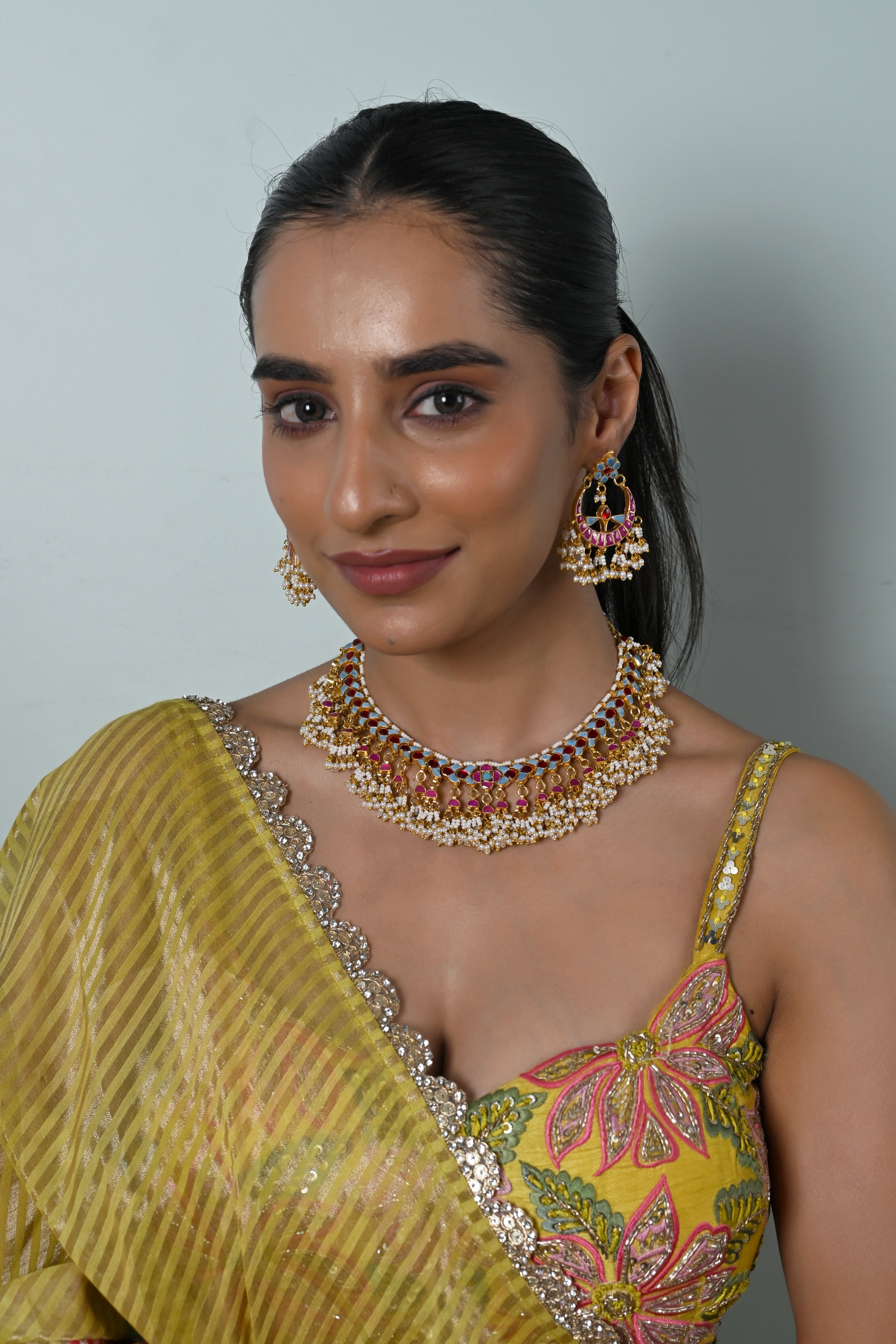 SJN1244- Multi Colour Gold Plated Jadau Kundan Necklace with Earrings