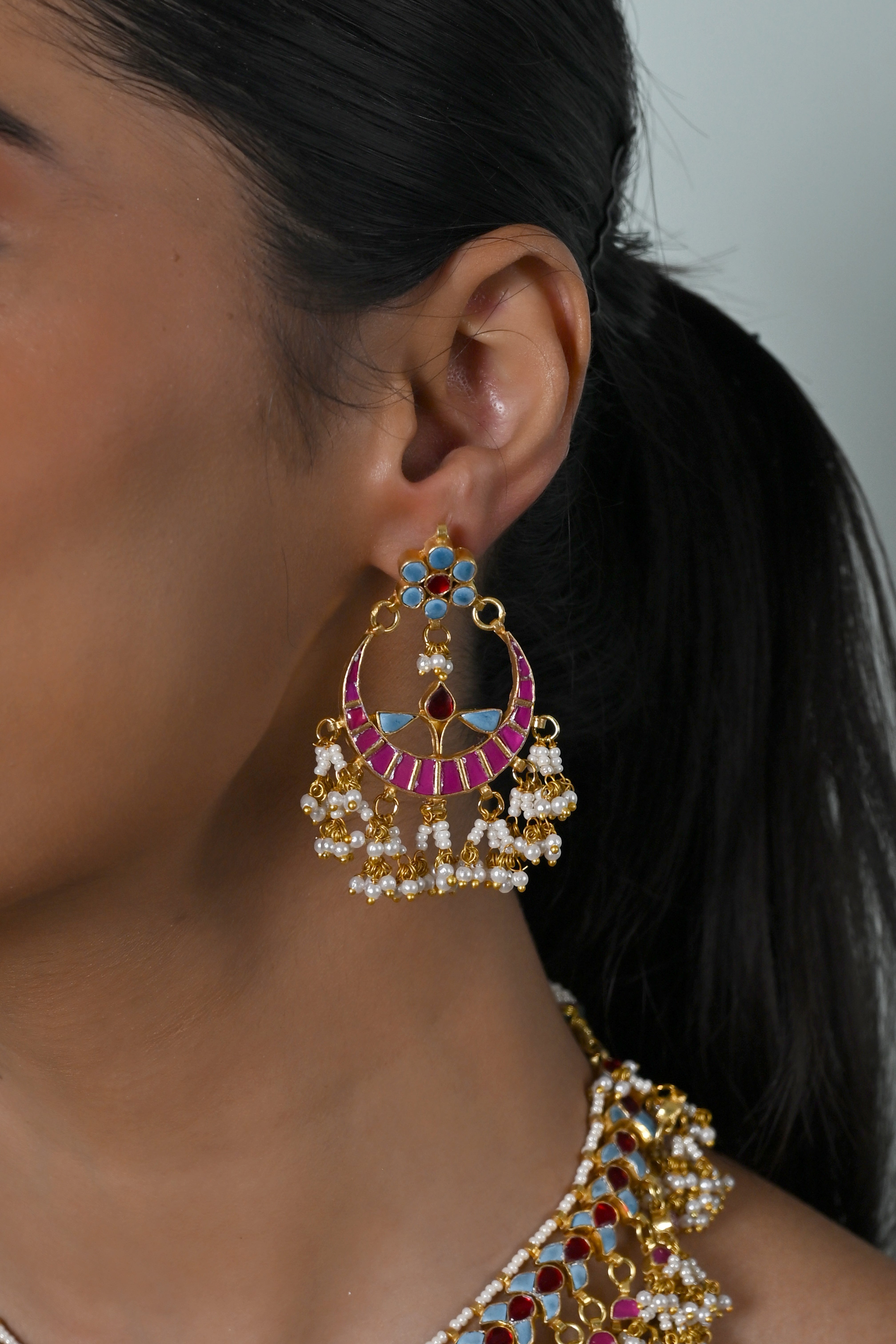 SJN1244- Multi Colour Gold Plated Jadau Kundan Necklace with Earrings