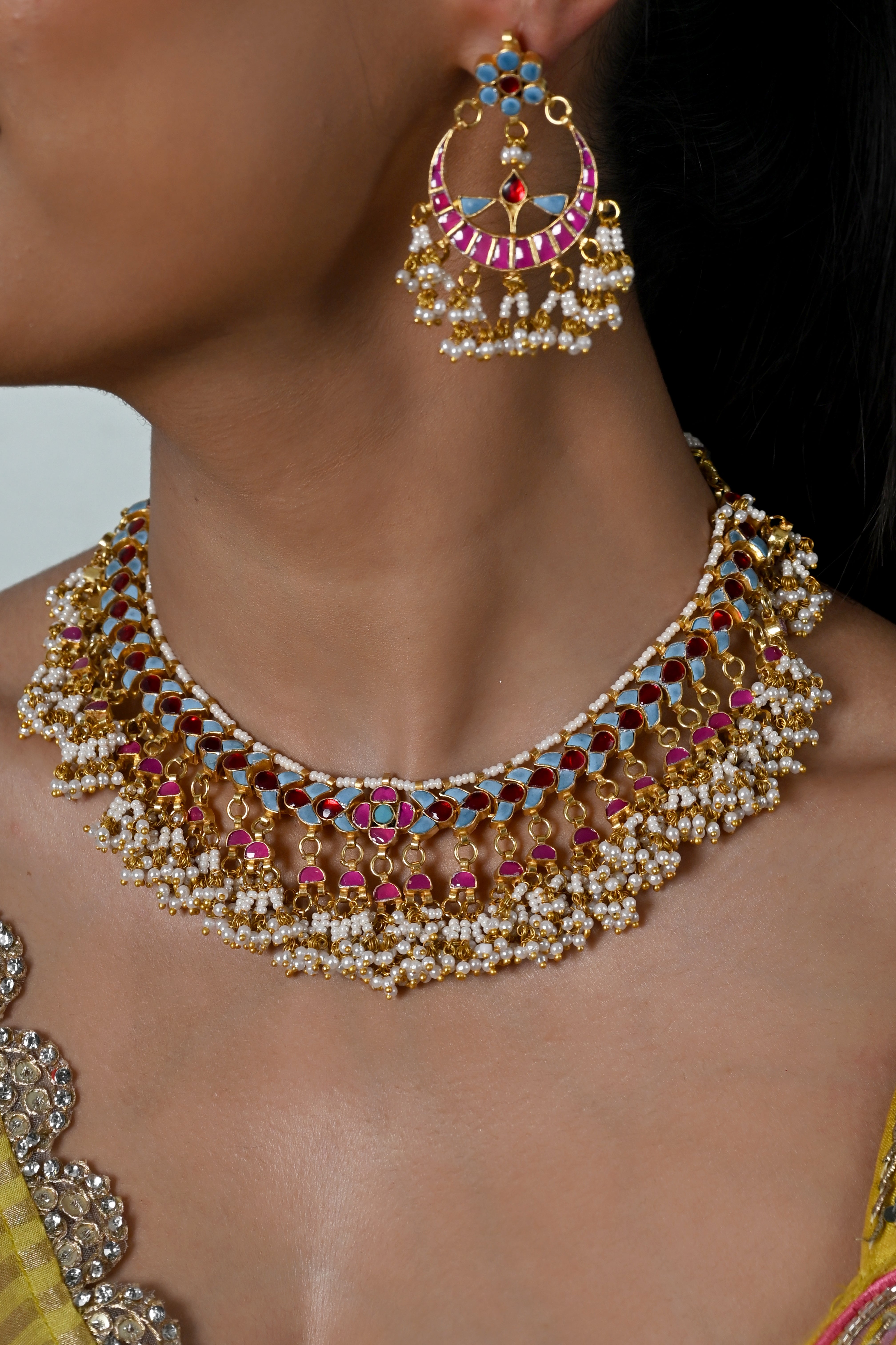 SJN1244- Multi Colour Gold Plated Jadau Kundan Necklace with Earrings