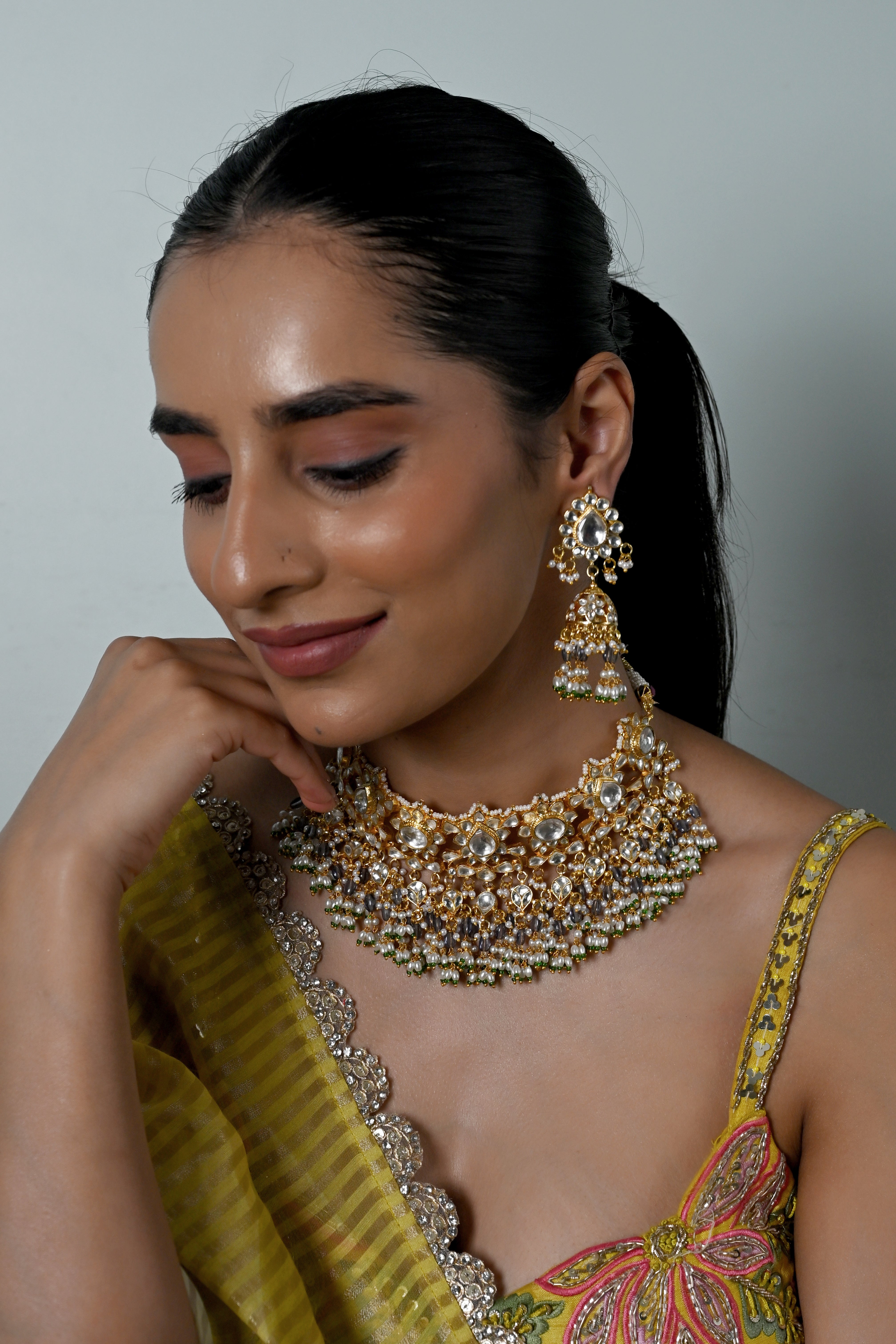 SJN1245- White Colour Gold Plated Jadau Kundan Necklace Set