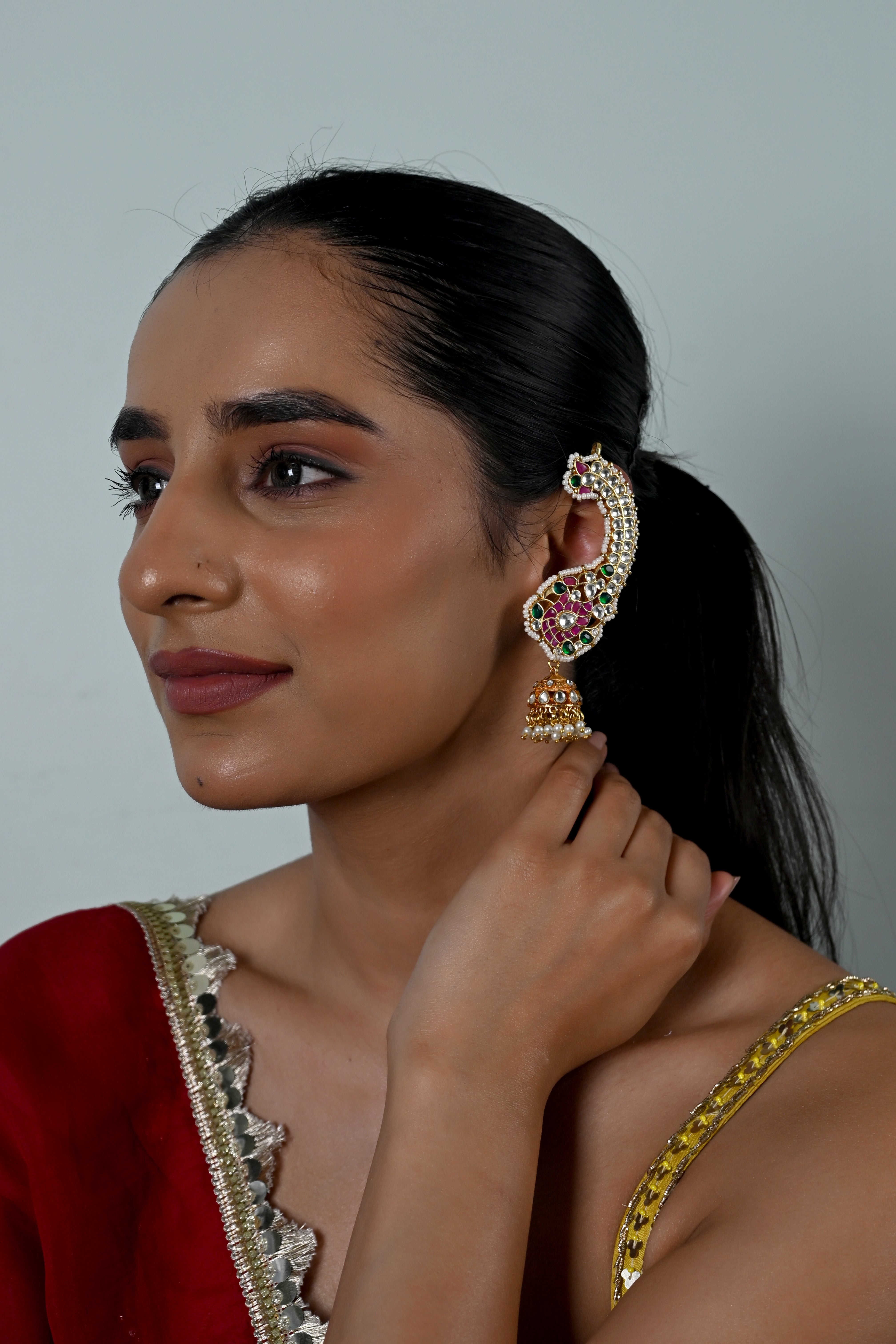 SJE1131- Multicolour Gold Plated Jadau Kundan Ear Cuffs