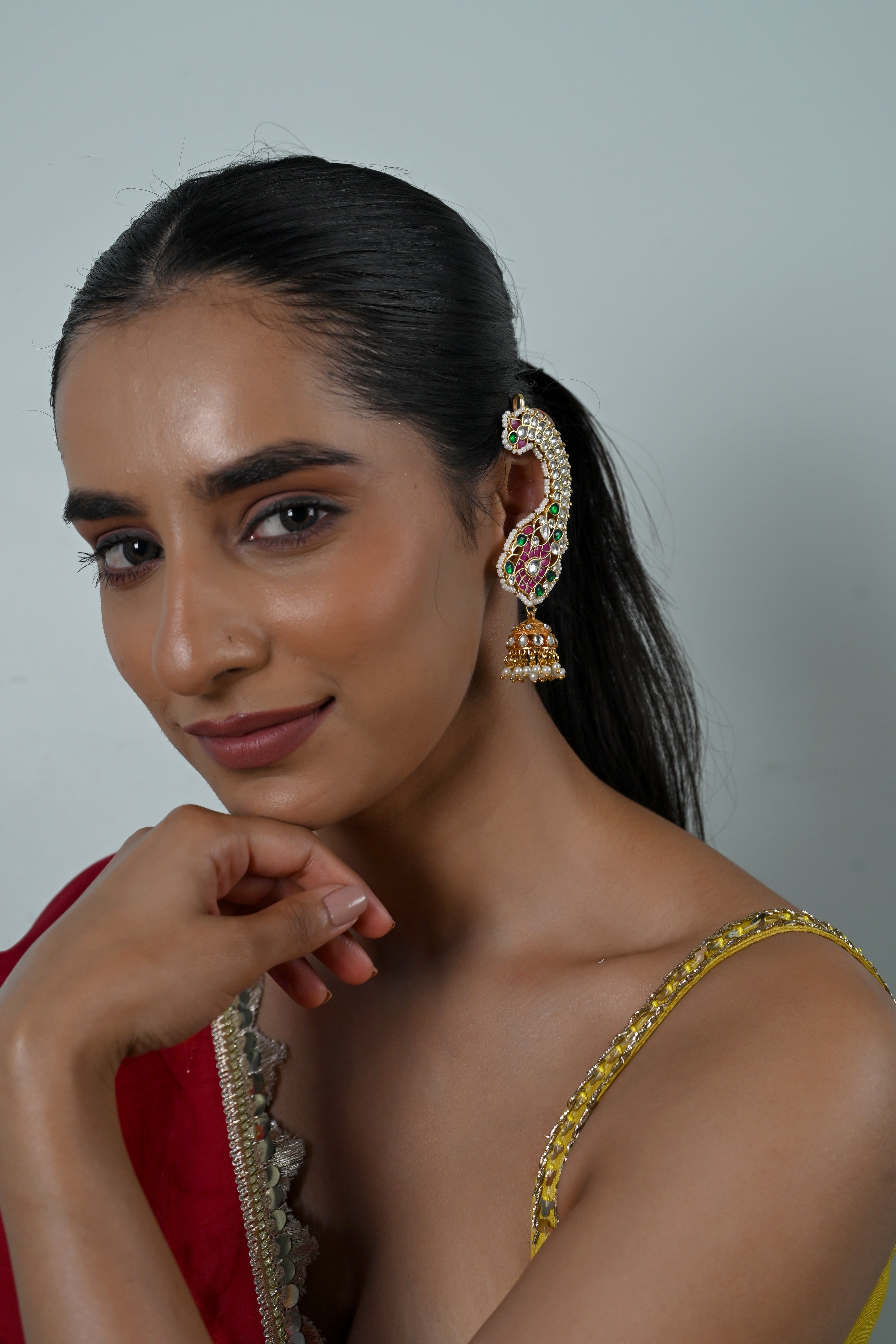 SJE1131- Multicolour Gold Plated Jadau Kundan Ear Cuffs