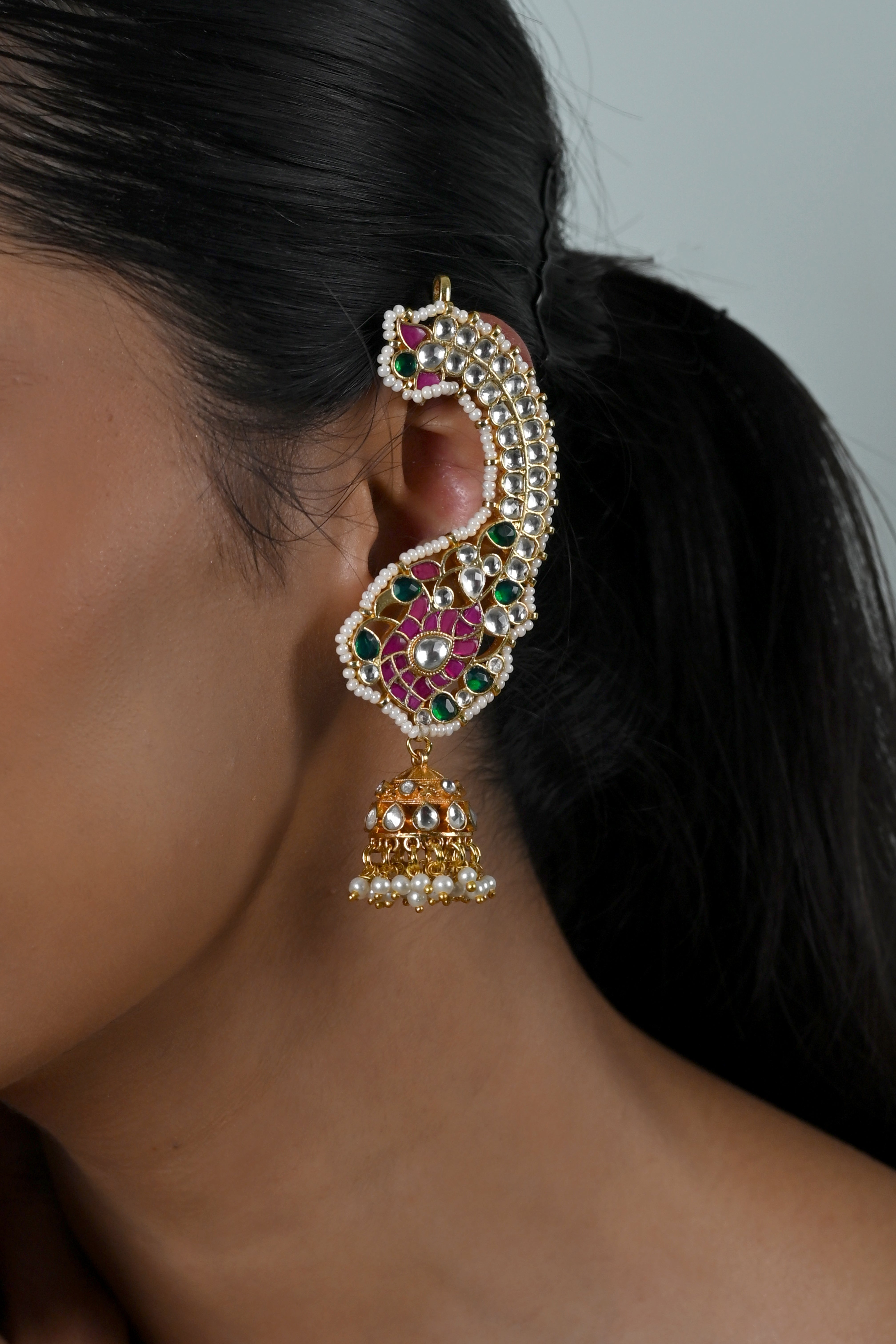 SJE1131- Multicolour Gold Plated Jadau Kundan Ear Cuffs