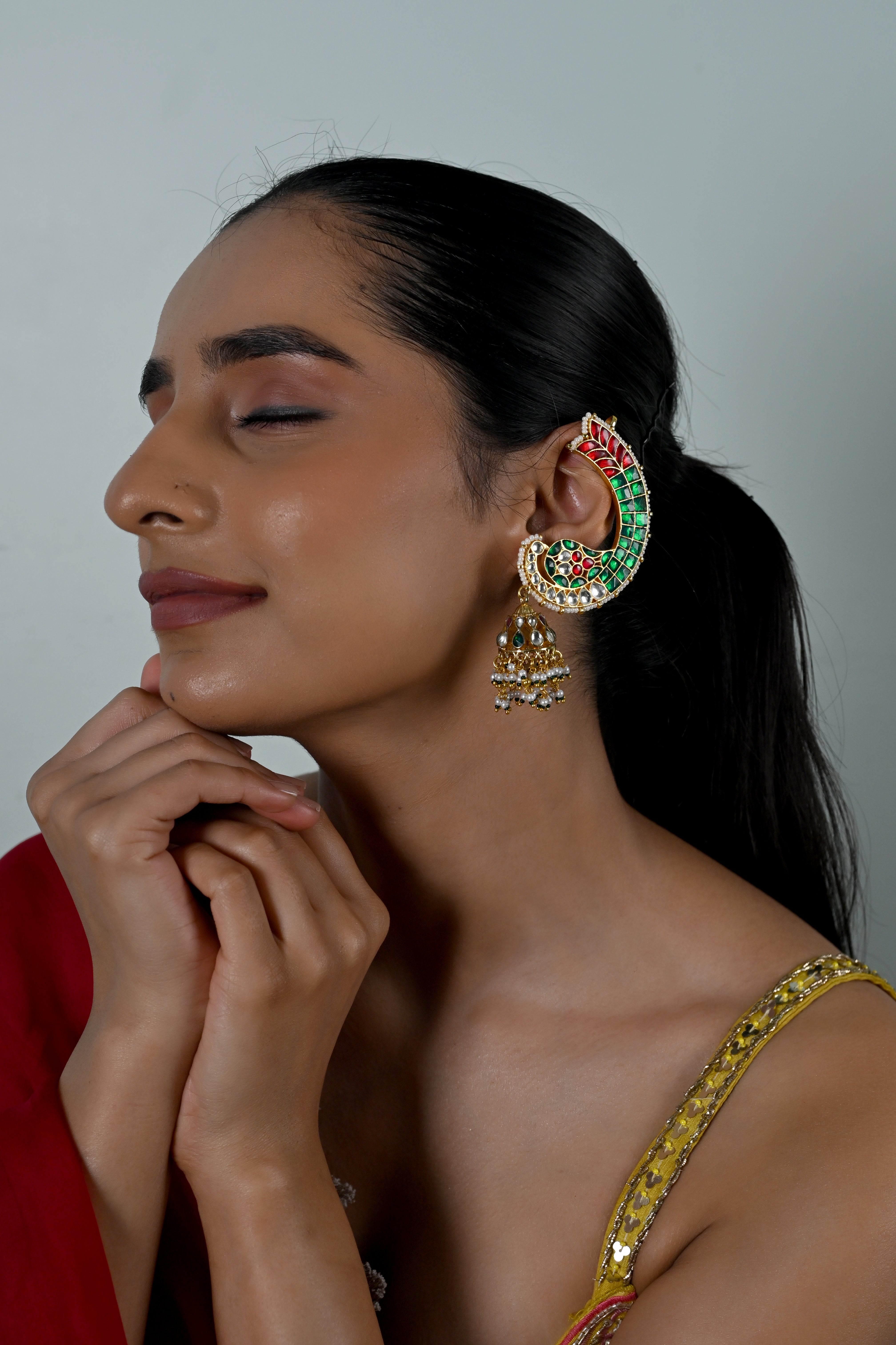 SJE1132- Multicolour Gold Plated Jadau Kundan Fish Ear Cuffs
