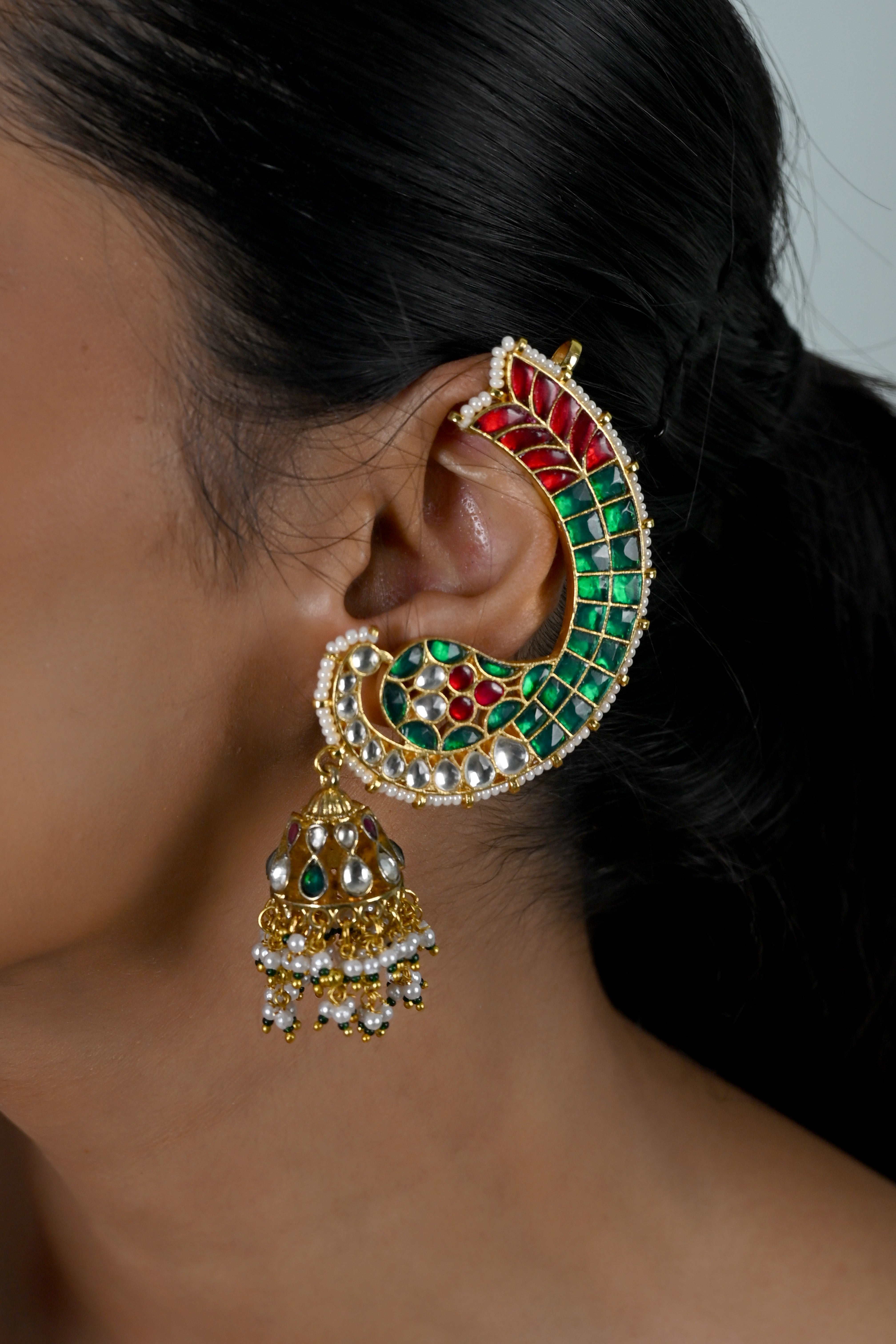 SJE1132- Multicolour Gold Plated Jadau Kundan Fish Ear Cuffs