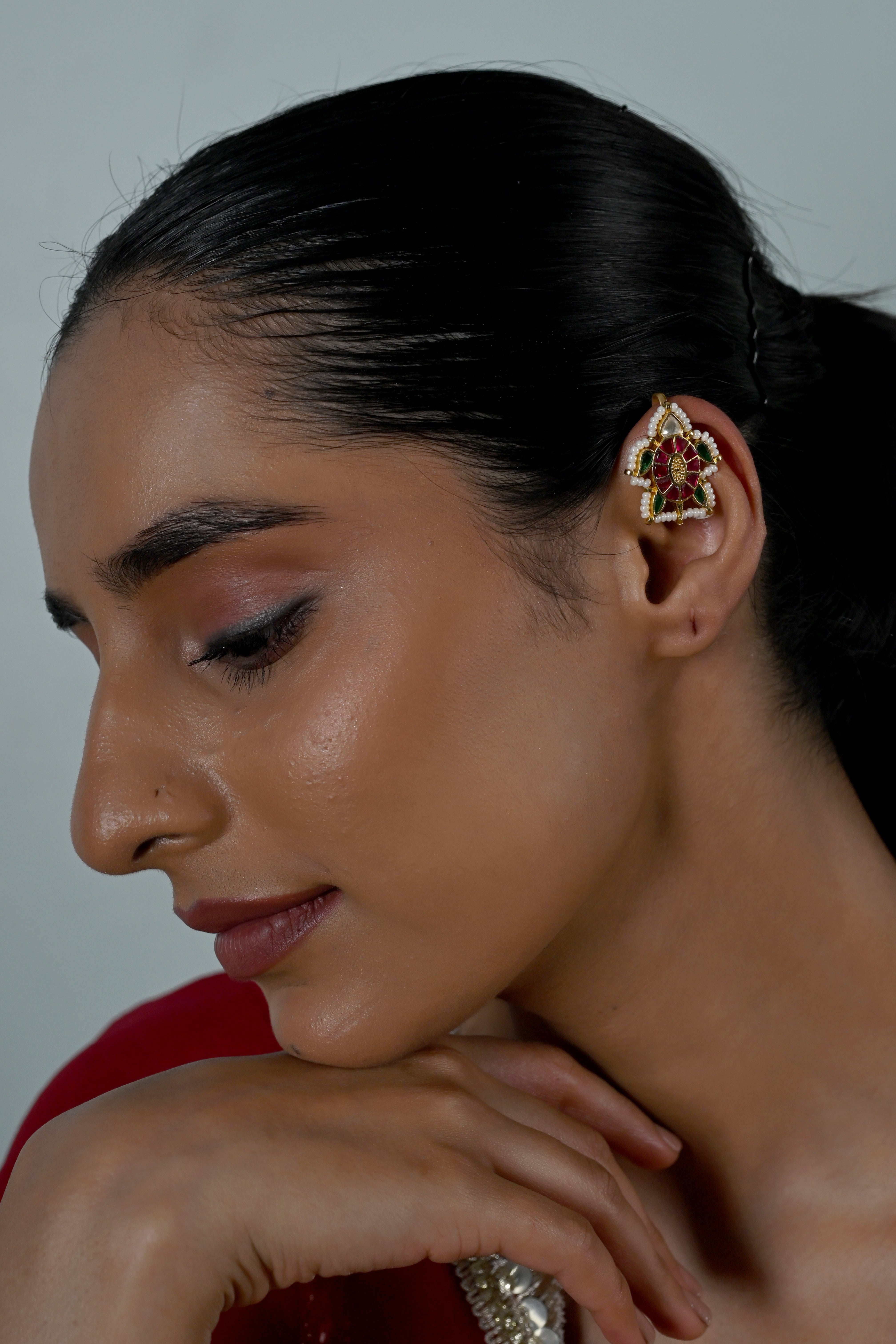 SJE1133- Multicolour Gold Plated Jadau Kundan Turtle Motif Ear Cuffs