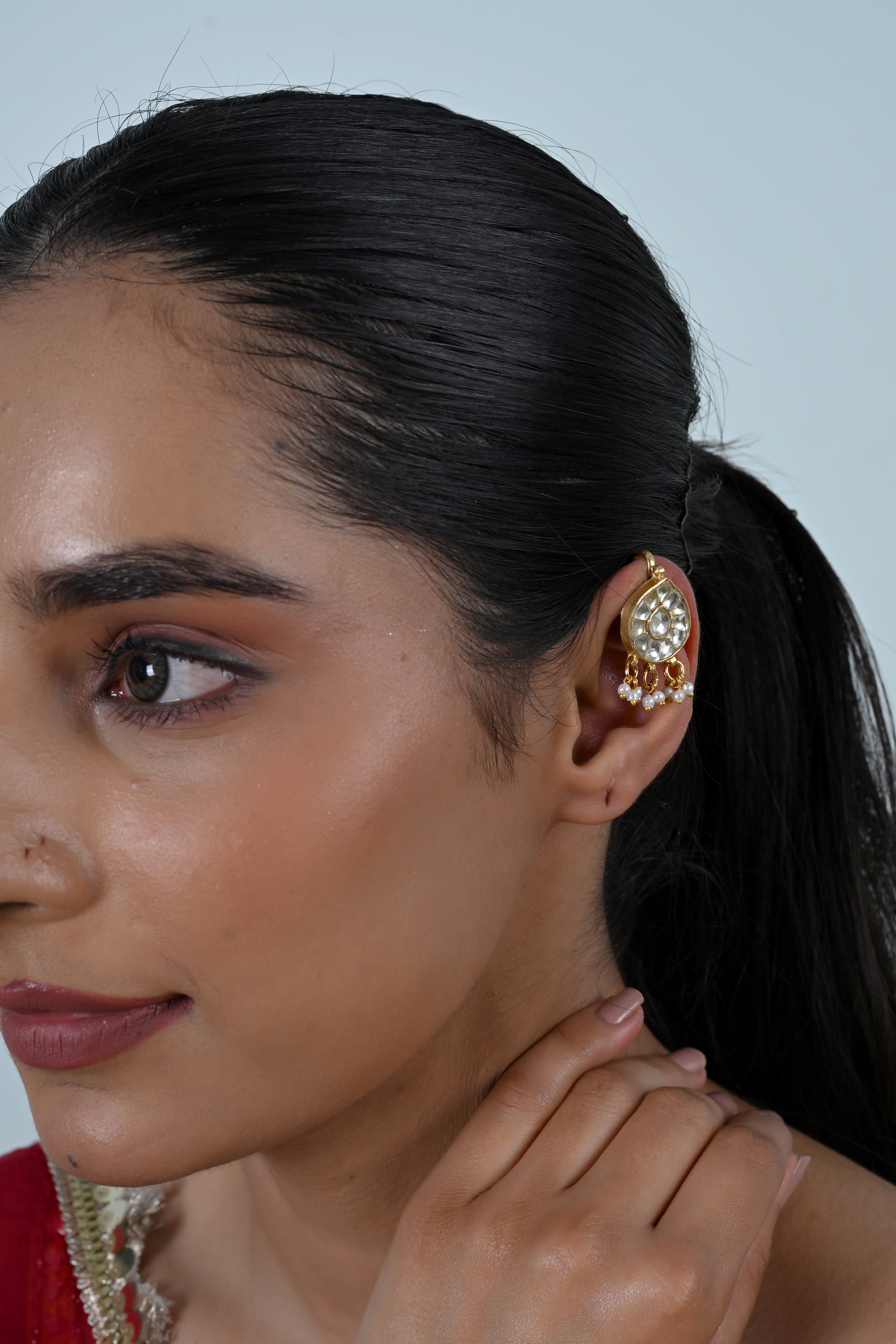 SJE1136- White Colour Gold Plated Jadau Kundan Ear Cuffs