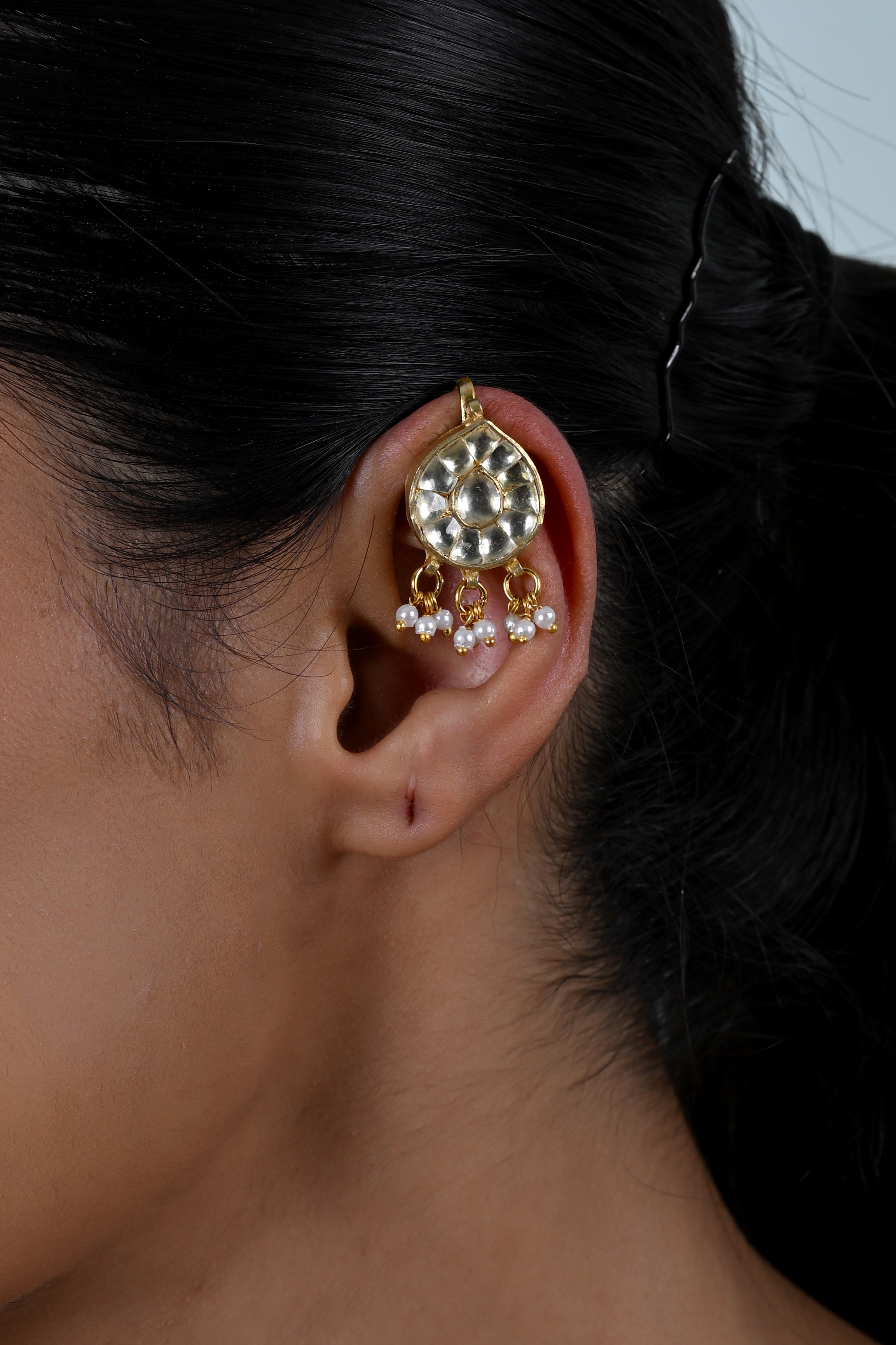 SJE1136- White Colour Gold Plated Jadau Kundan Ear Cuffs