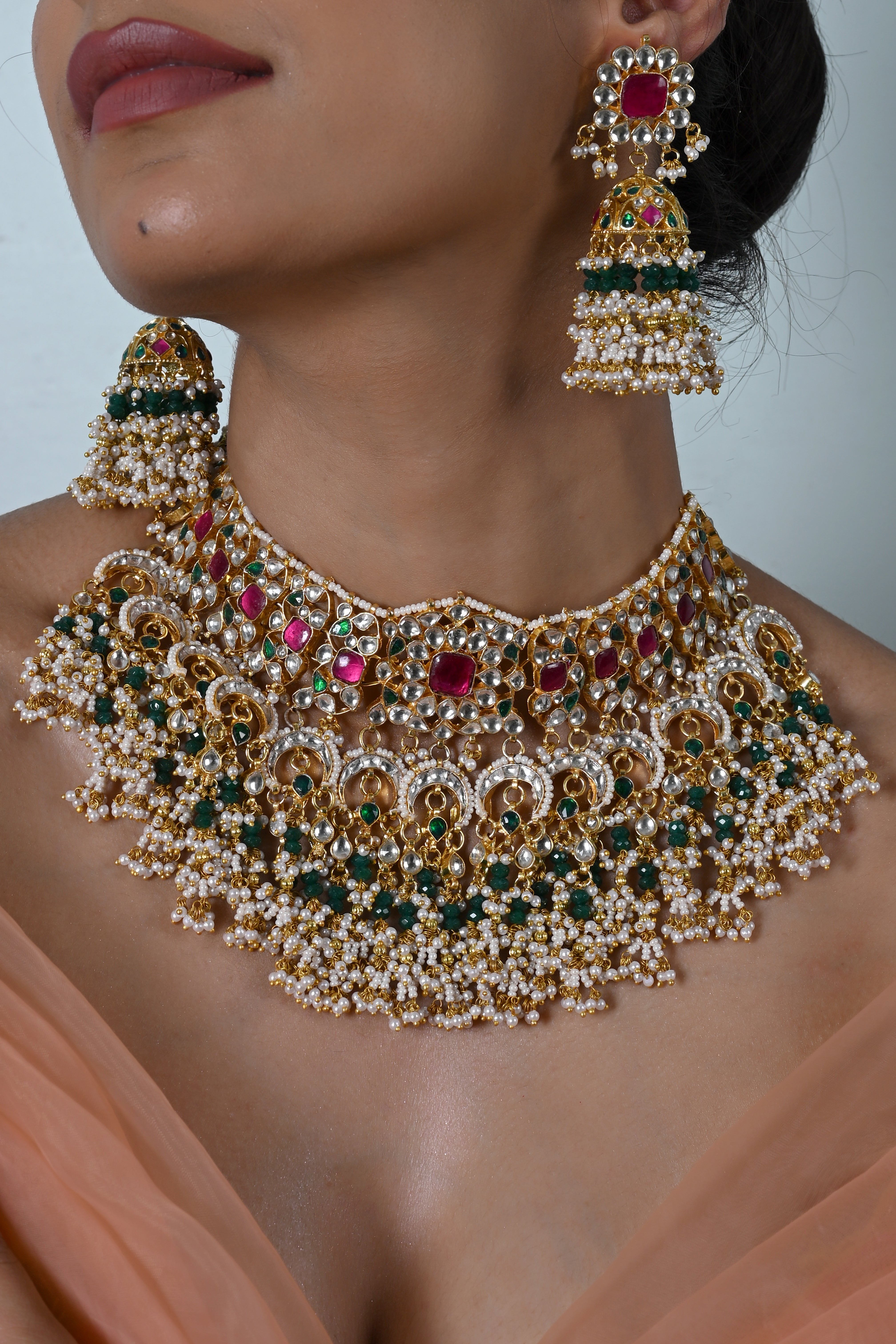 SJN1246- Multi Colour Gold Plated Jadau Kundan Necklace Set