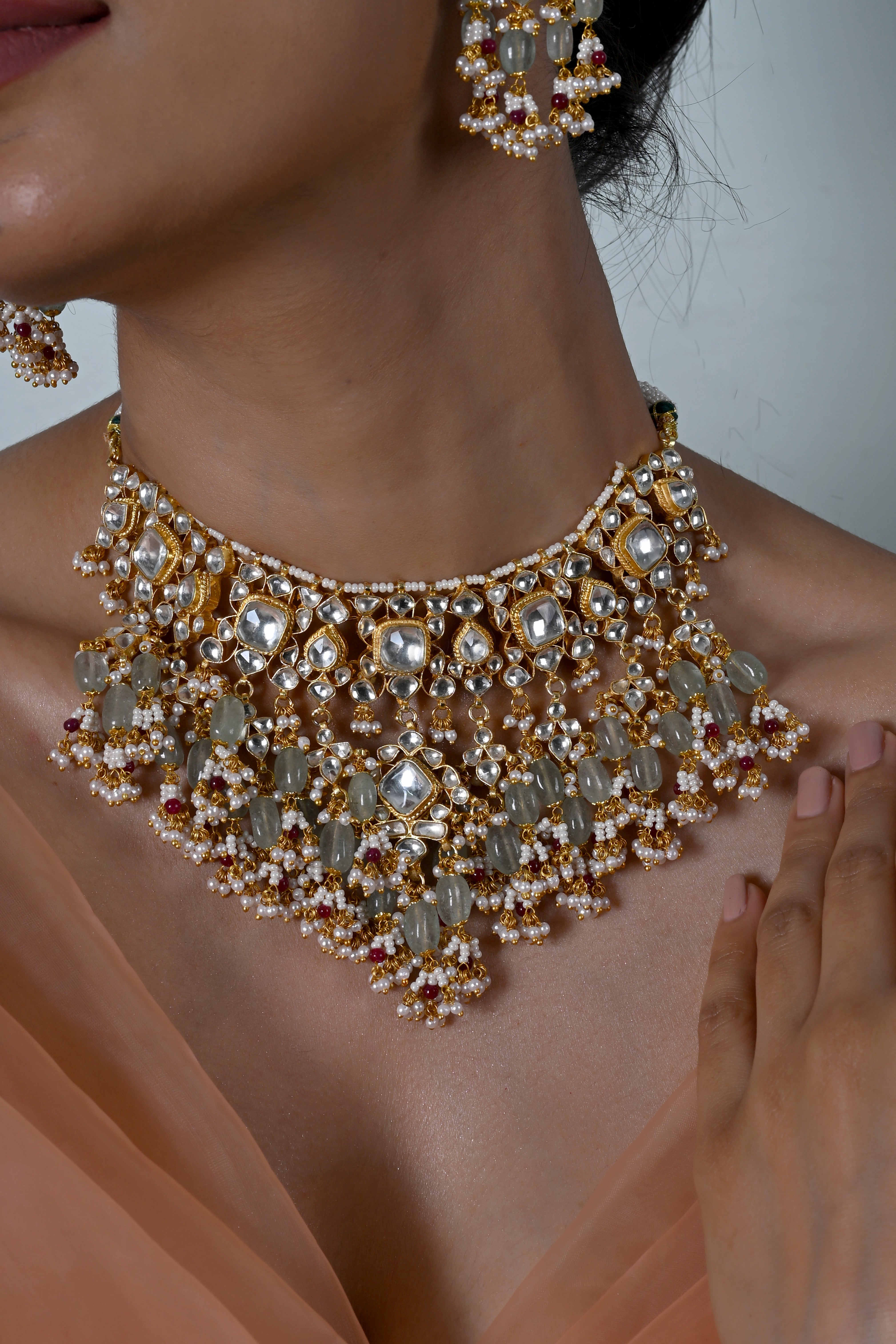 SJN1247- White Colour Gold Plated Jadau Kundan Necklace With Earrings