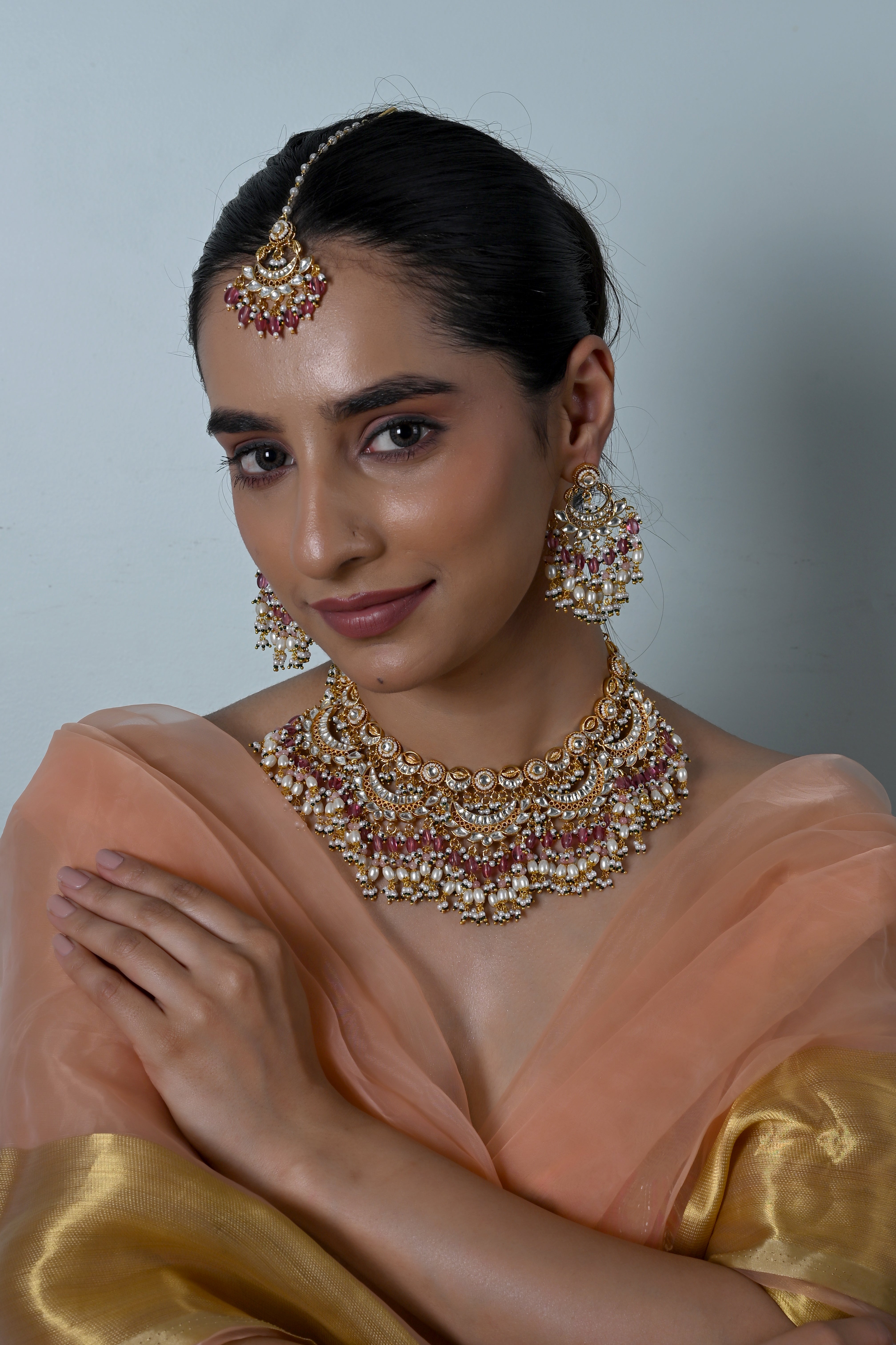 SJN1248- Pink And White Colour Gold Plated Jadau Kundan Necklace Set