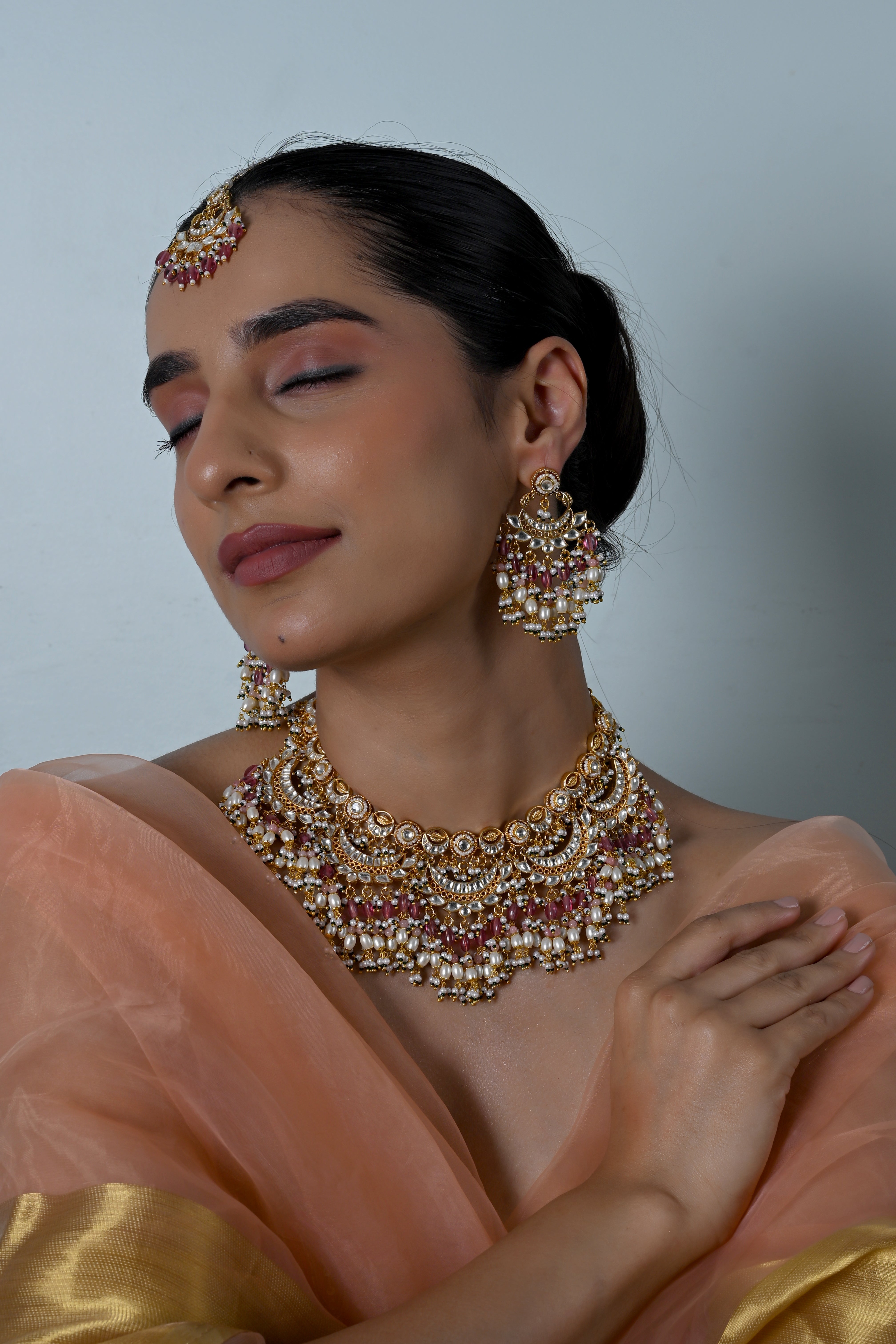 SJN1248- Pink And White Colour Gold Plated Jadau Kundan Necklace Set