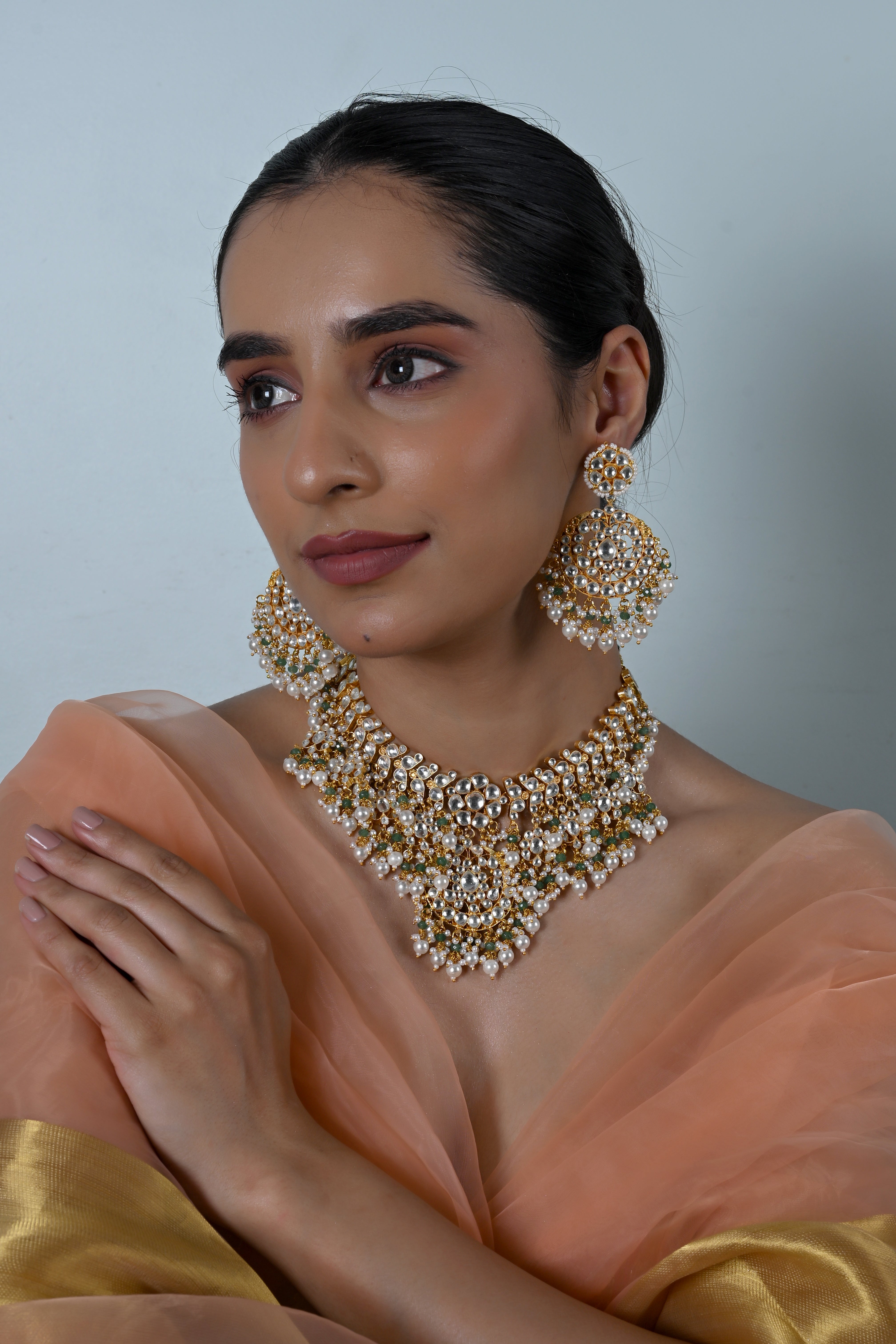 SJN1249- White Colour Gold Plated Jadau Kundan Necklace With Earrings