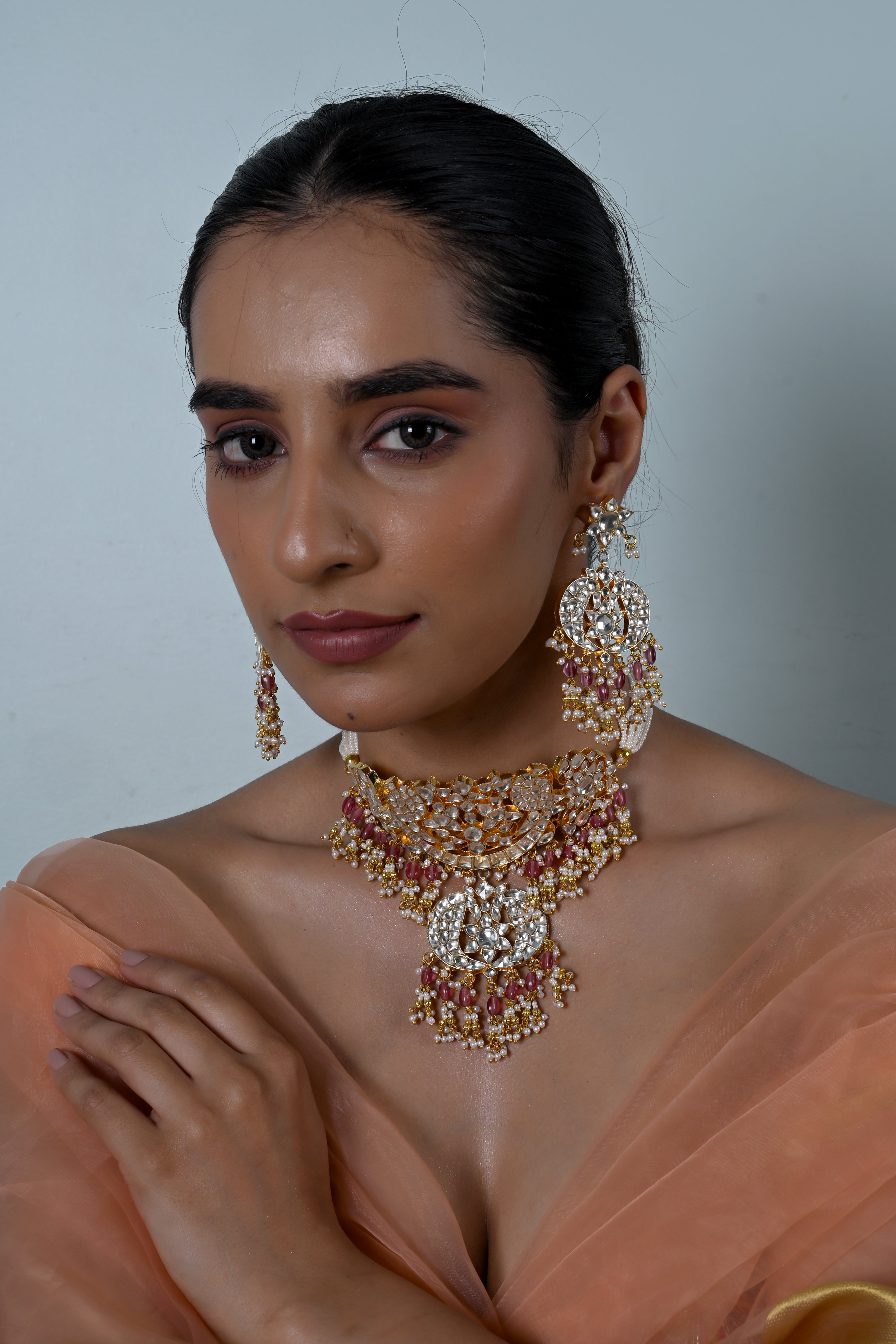 SJN1238- Pink And White Colour Gold Plated Jadau Kundan Choker with Earrings