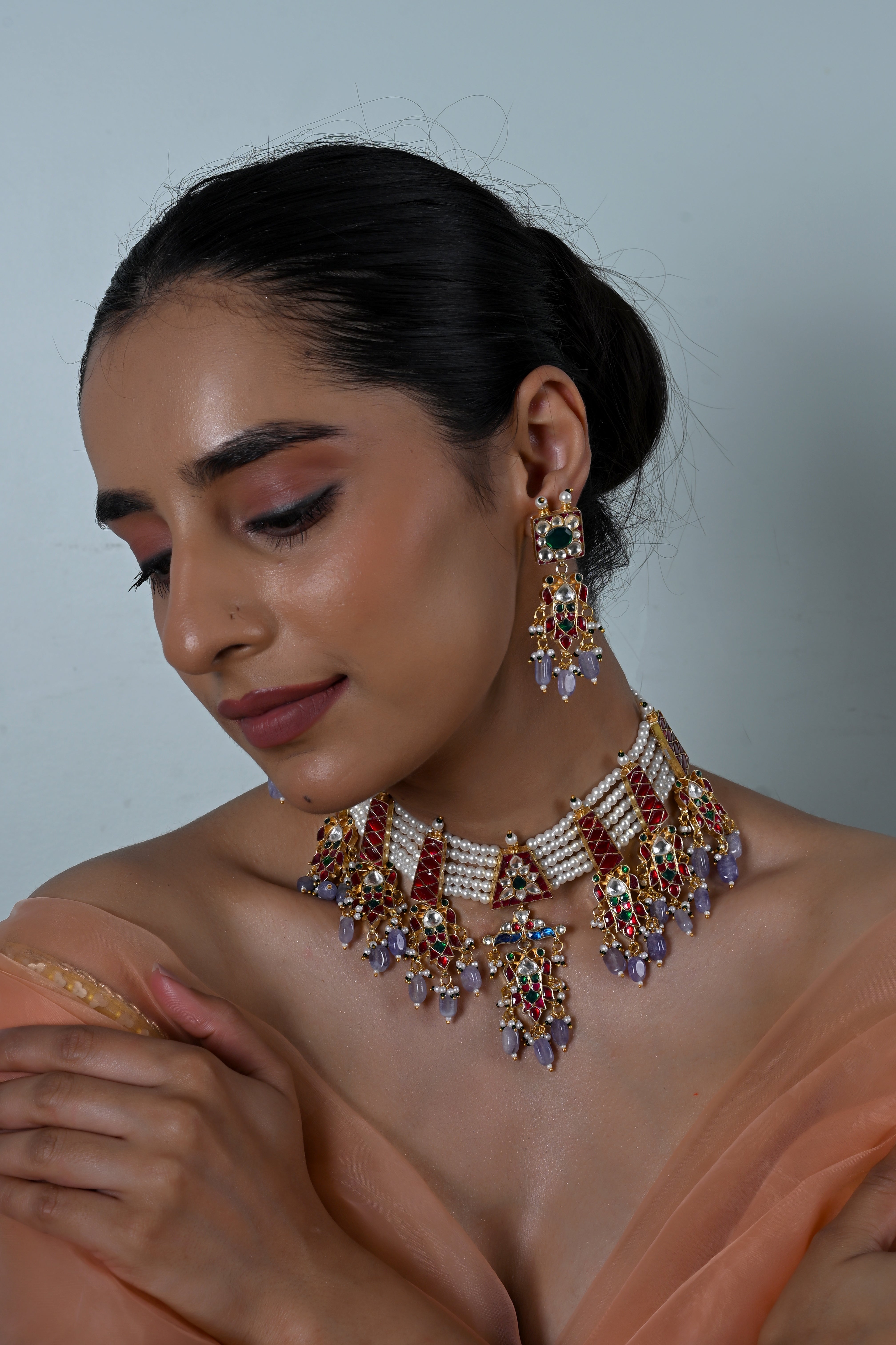 SJN1250- Multi Colour Gold Plated Jadau Kundan Necklace With Earrings