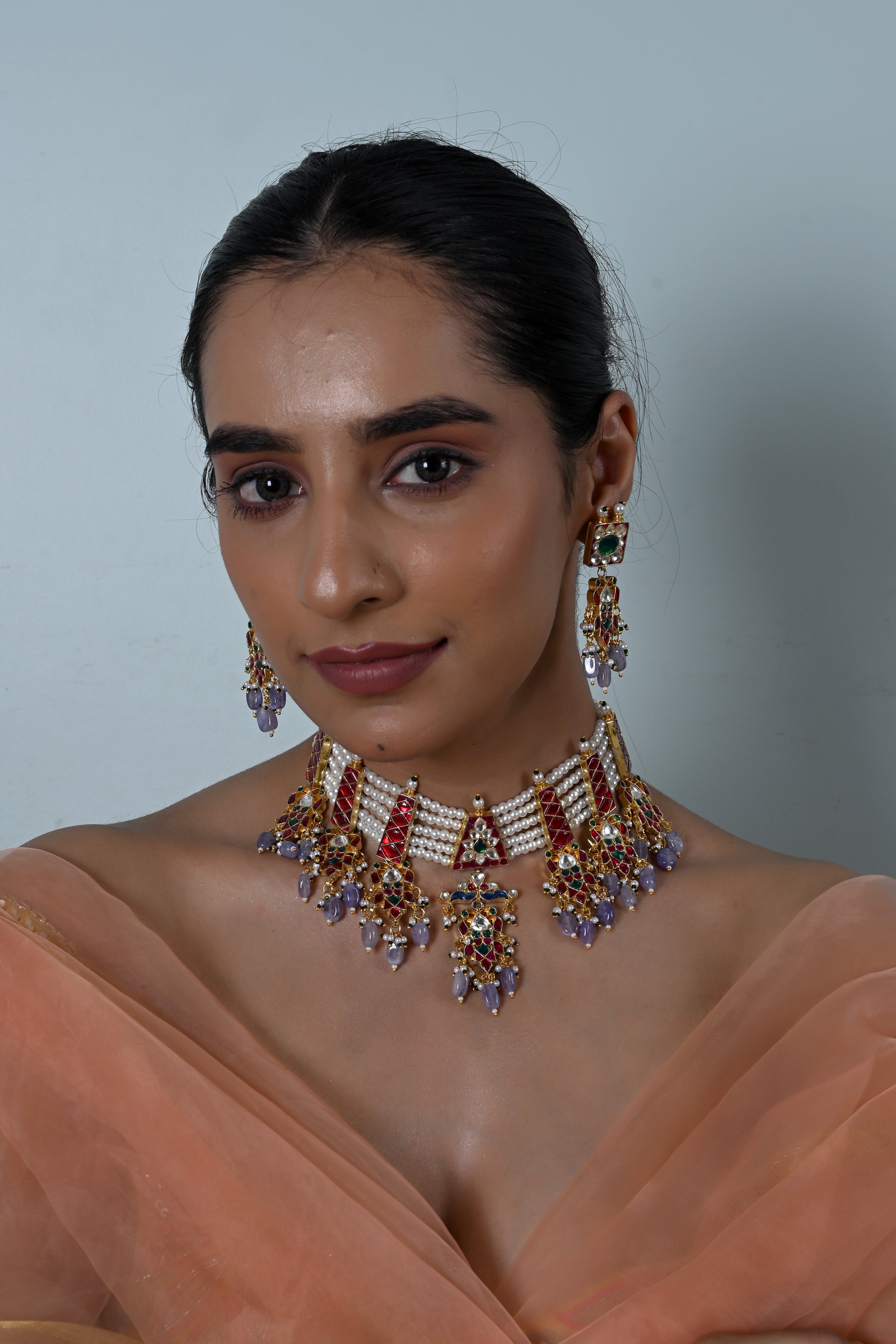 SJN1250- Multi Colour Gold Plated Jadau Kundan Necklace With Earrings