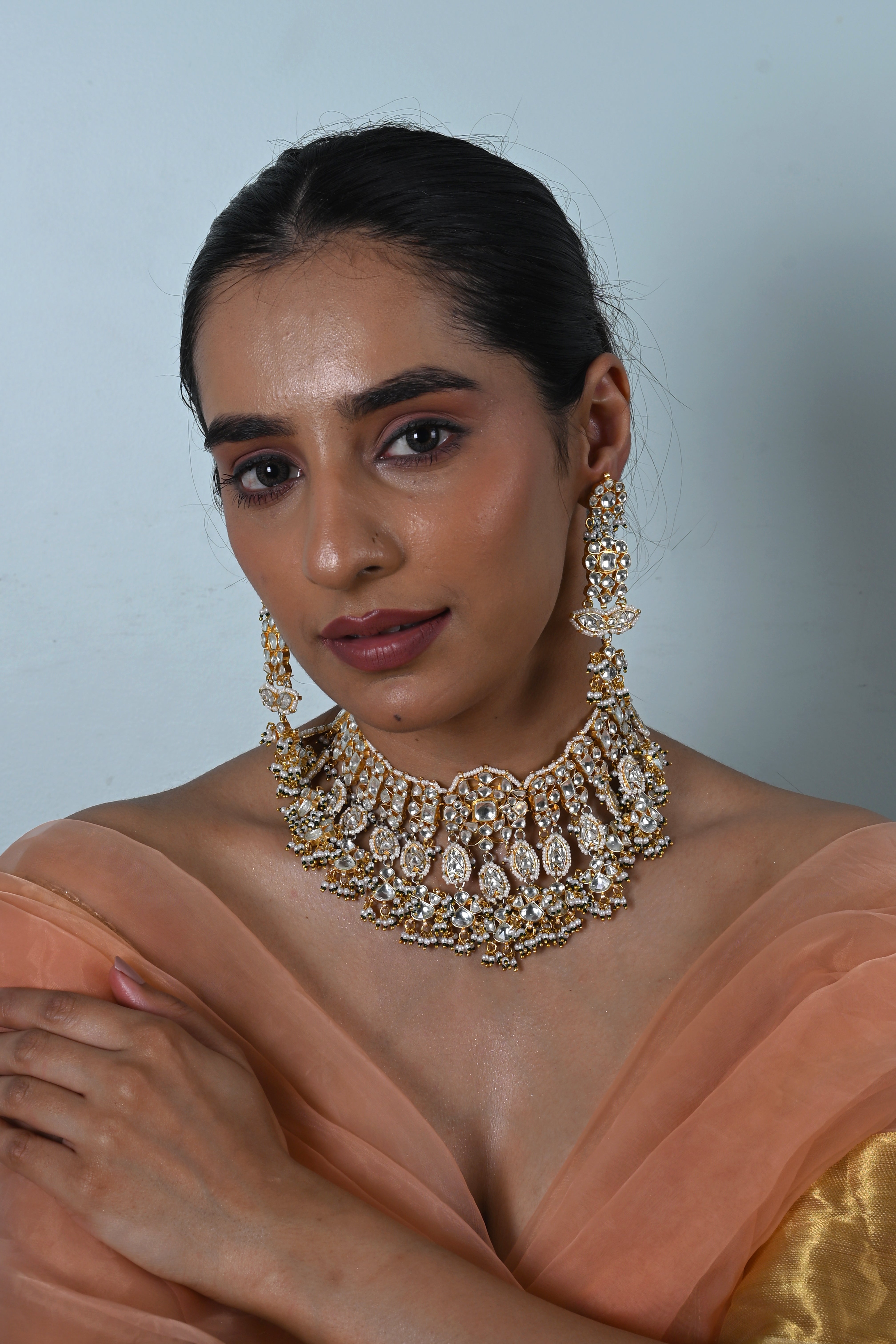 SJN1251- White Colour Gold Plated Jadau Kundan Necklace With Earrings