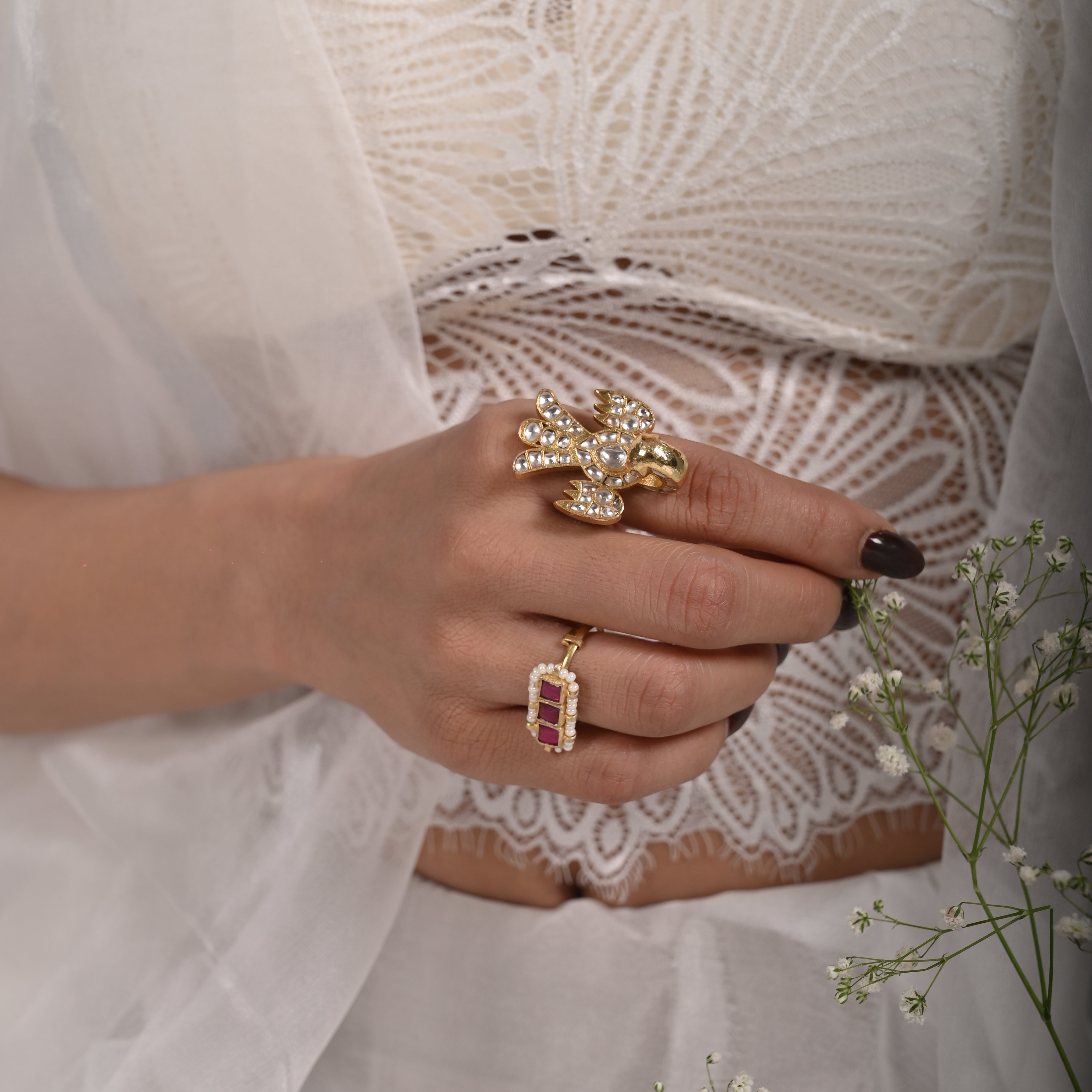 SJR017- White Colour Eagle Motif Gold Plated Jadau Kundan Ring