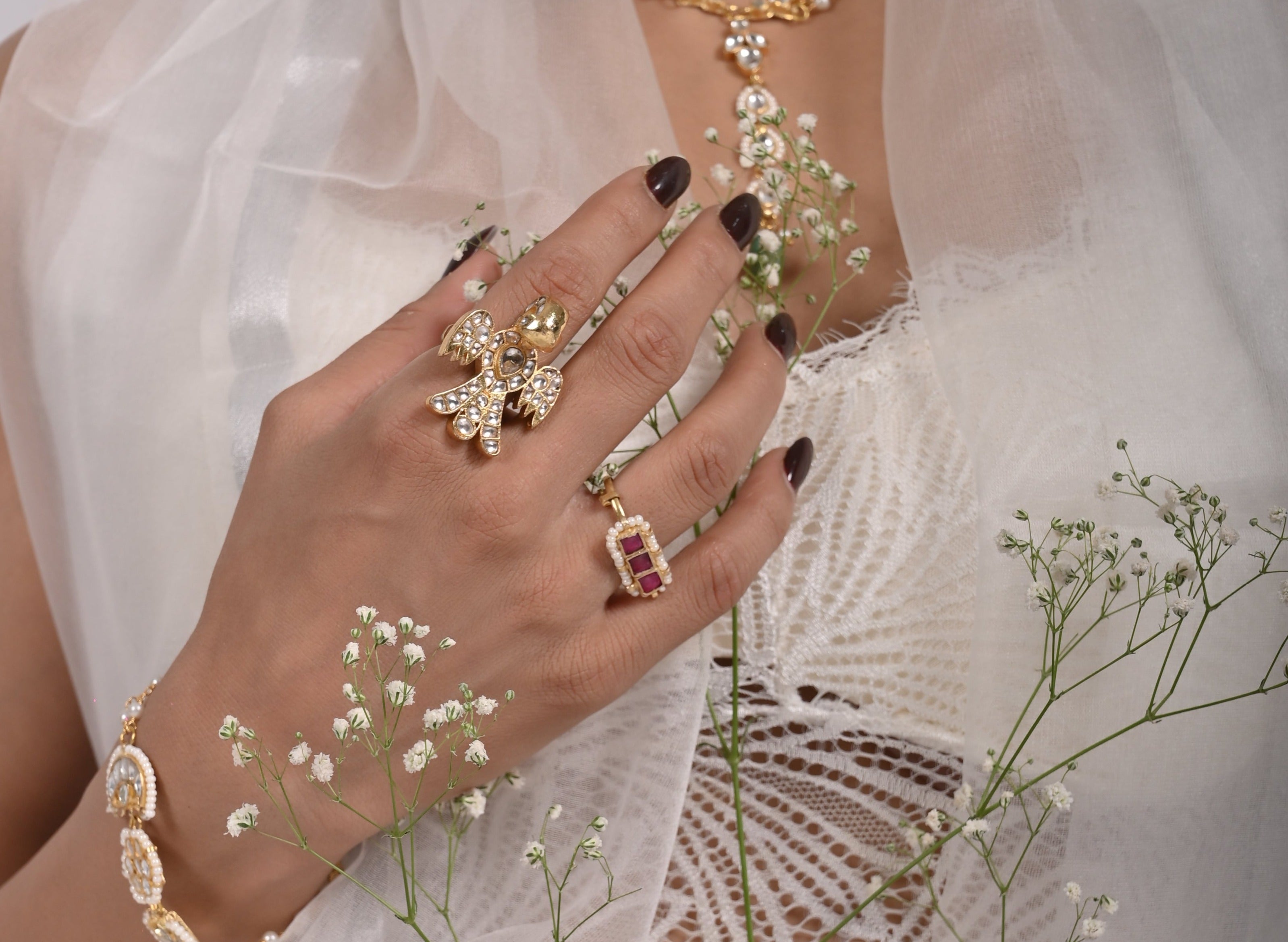 SJR017- White Colour Eagle Motif Gold Plated Jadau Kundan Ring