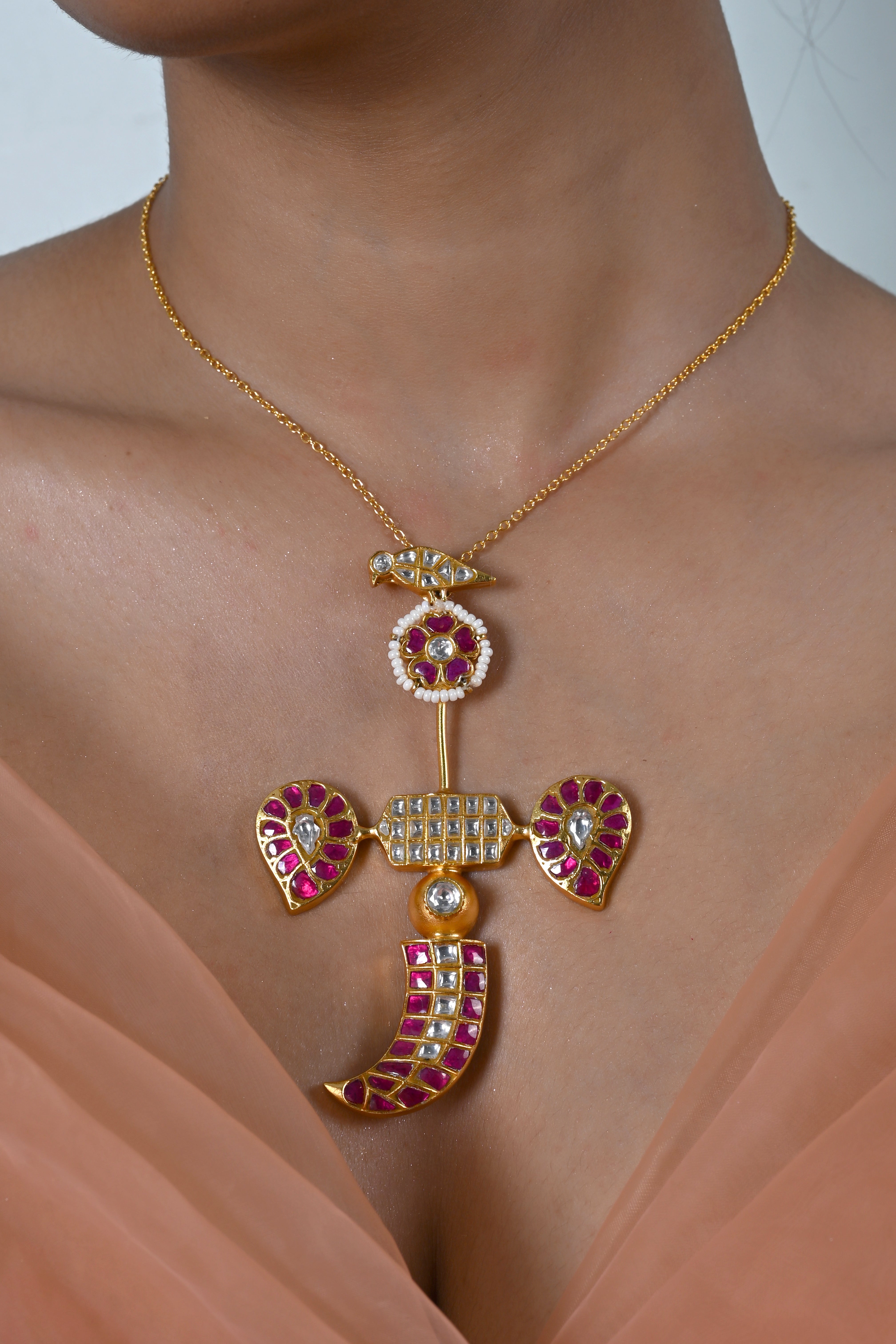 SJN1254- Pink And White Colour Gold Plated Jadau Kundan Temple Pendant with Earrings