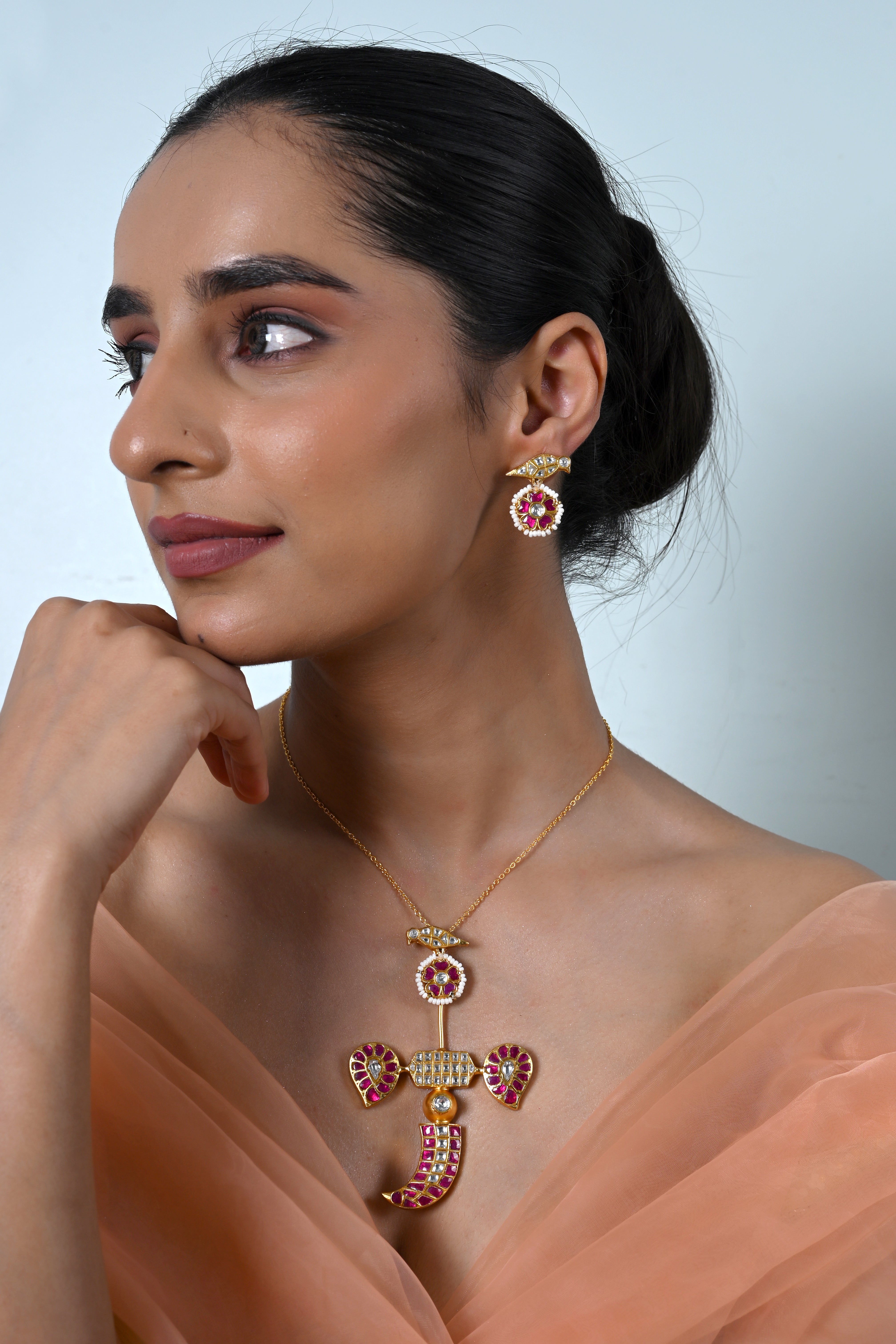 SJN1254- Pink And White Colour Gold Plated Jadau Kundan Temple Pendant with Earrings